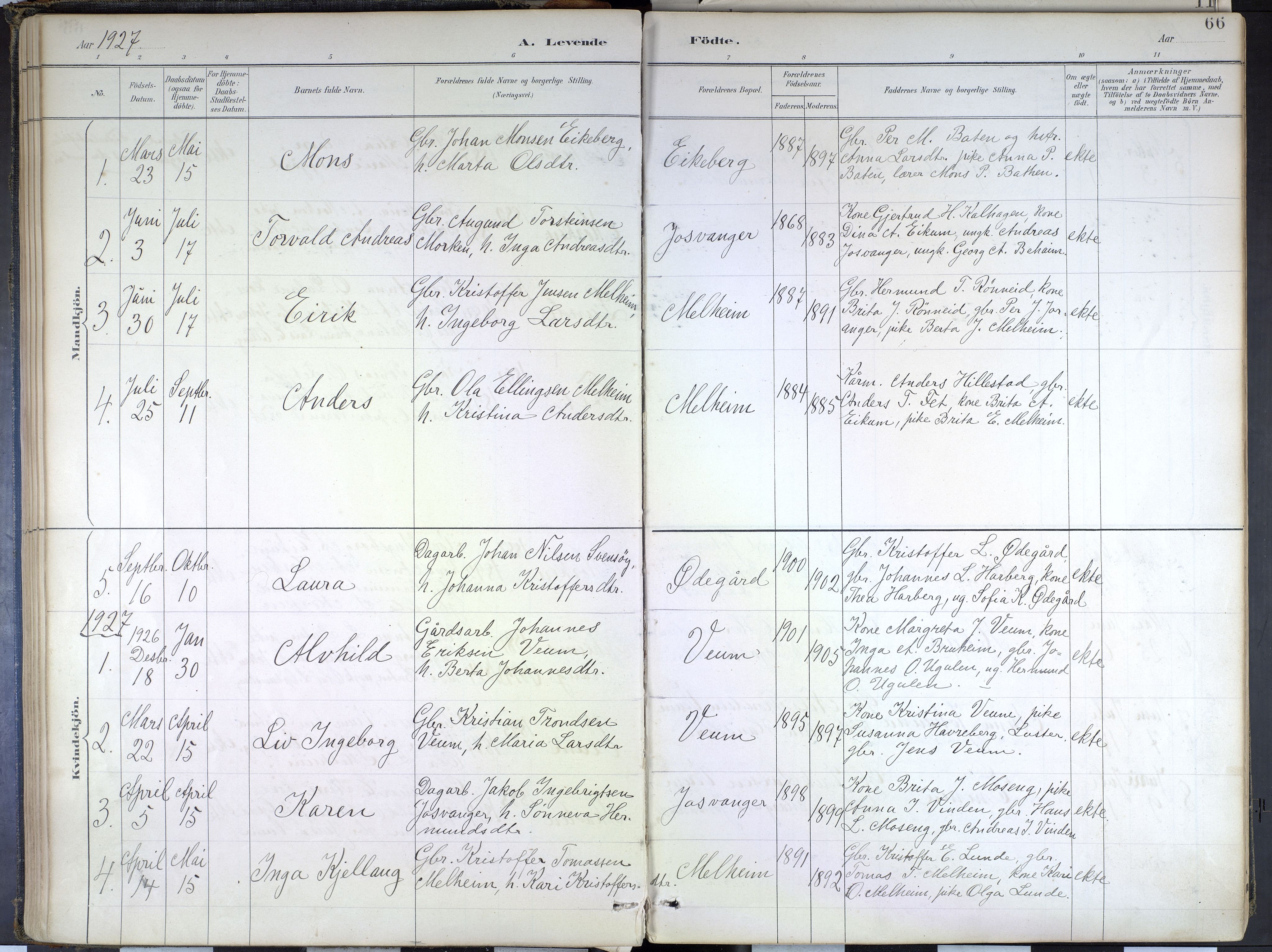 Hafslo sokneprestembete, SAB/A-80301/H/Haa/Haad/L0001: Parish register (official) no. D 1, 1886-1934, p. 66