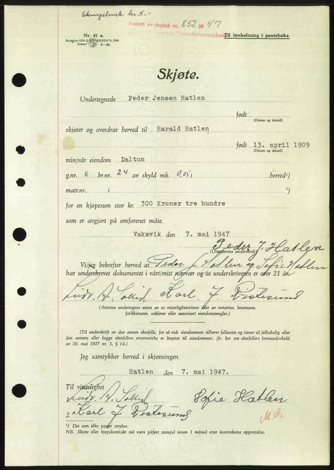 Nordre Sunnmøre sorenskriveri, AV/SAT-A-0006/1/2/2C/2Ca: Mortgage book no. A24, 1947-1947, Diary no: : 852/1947