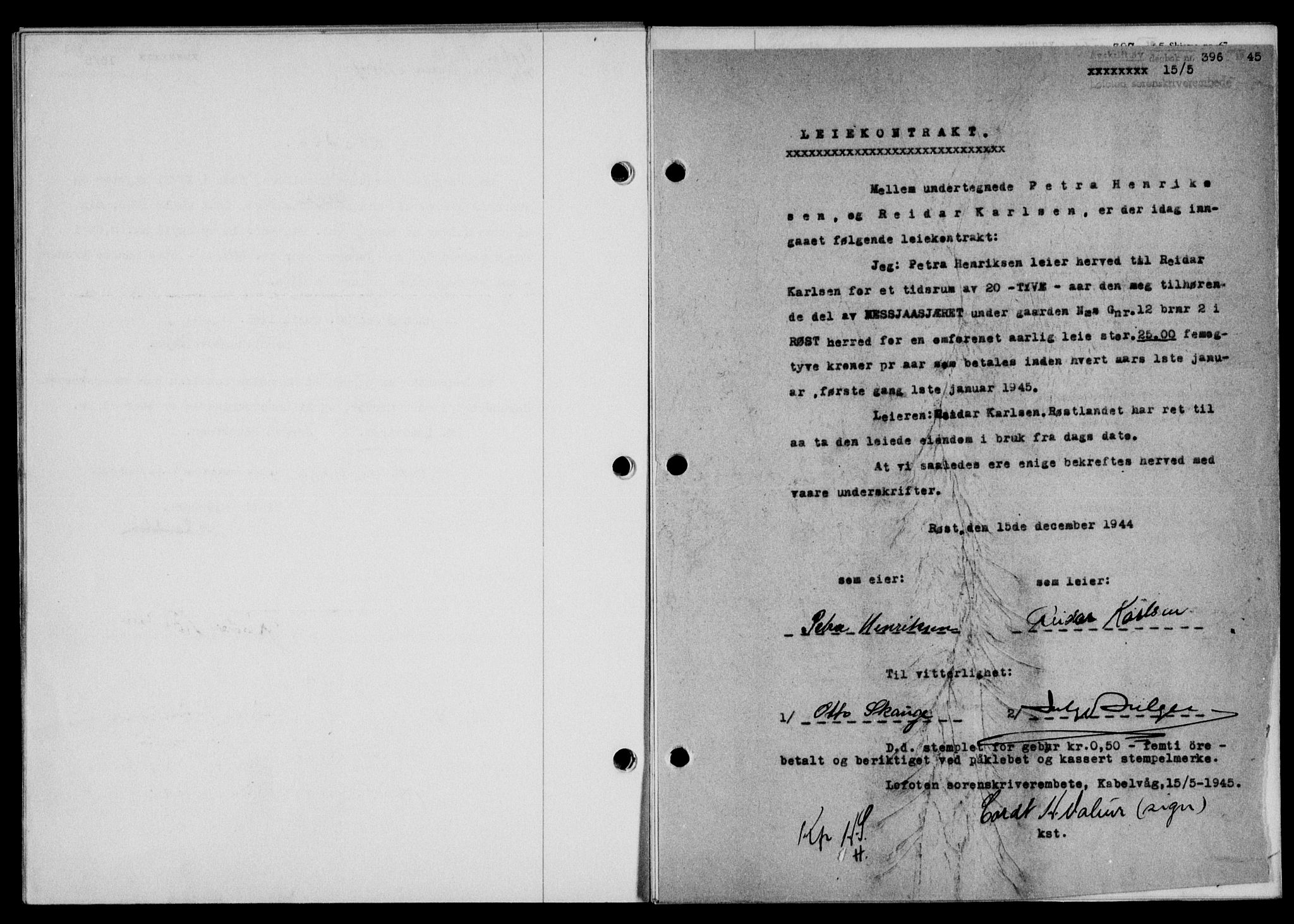 Lofoten sorenskriveri, SAT/A-0017/1/2/2C/L0013a: Mortgage book no. 13a, 1944-1946, Diary no: : 396/1945