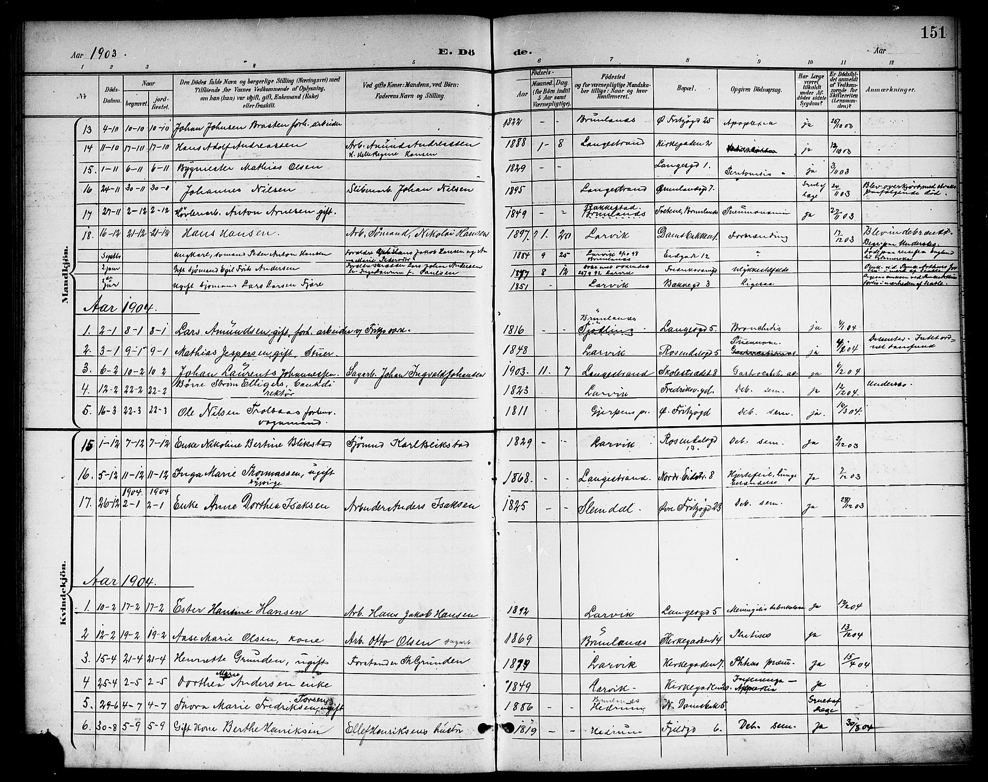 Larvik kirkebøker, AV/SAKO-A-352/G/Gb/L0004: Parish register (copy) no. II 4, 1899-1919, p. 151