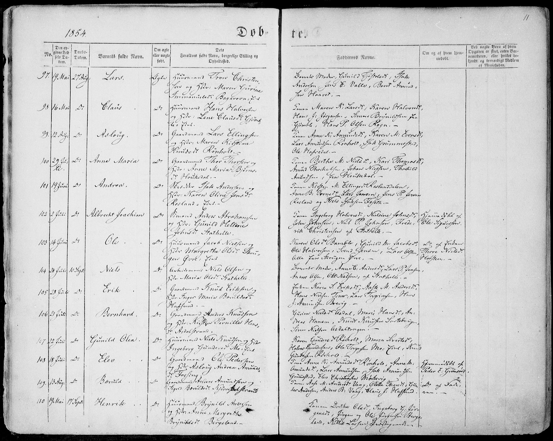 Bamble kirkebøker, AV/SAKO-A-253/F/Fa/L0005: Parish register (official) no. I 5, 1854-1869, p. 11