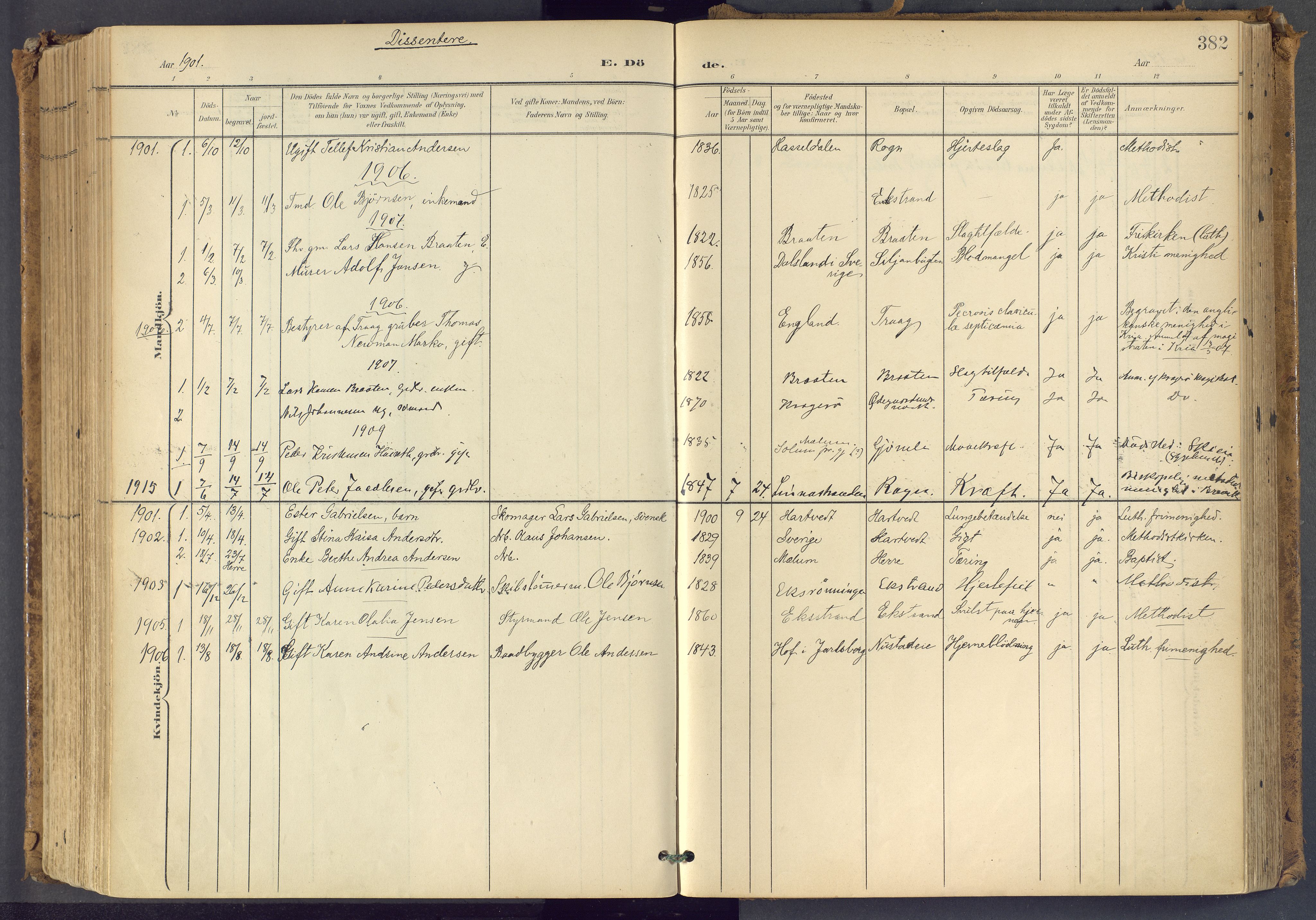 Bamble kirkebøker, SAKO/A-253/F/Fa/L0009: Parish register (official) no. I 9, 1901-1917, p. 382