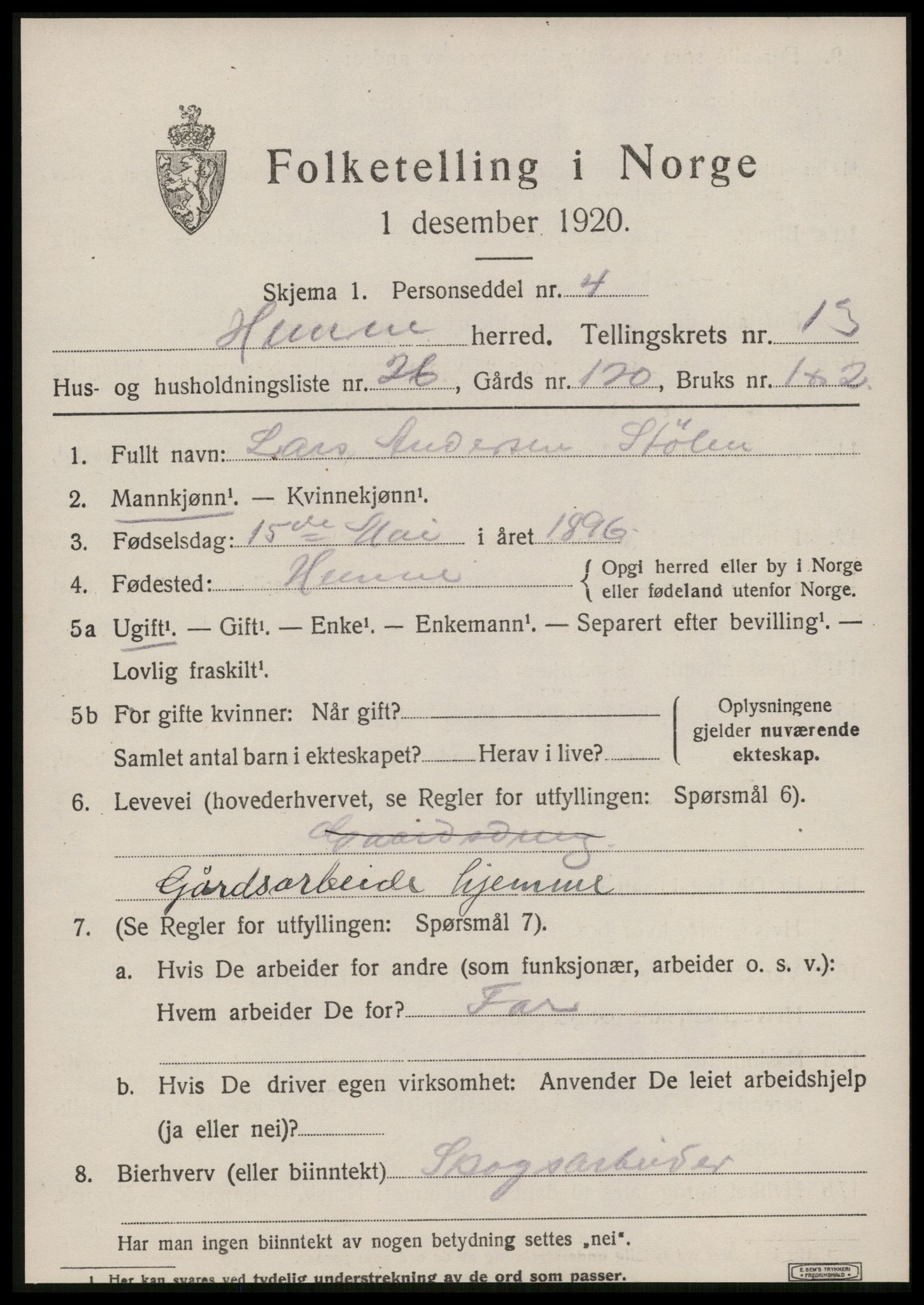 SAT, 1920 census for Hemne, 1920, p. 7552