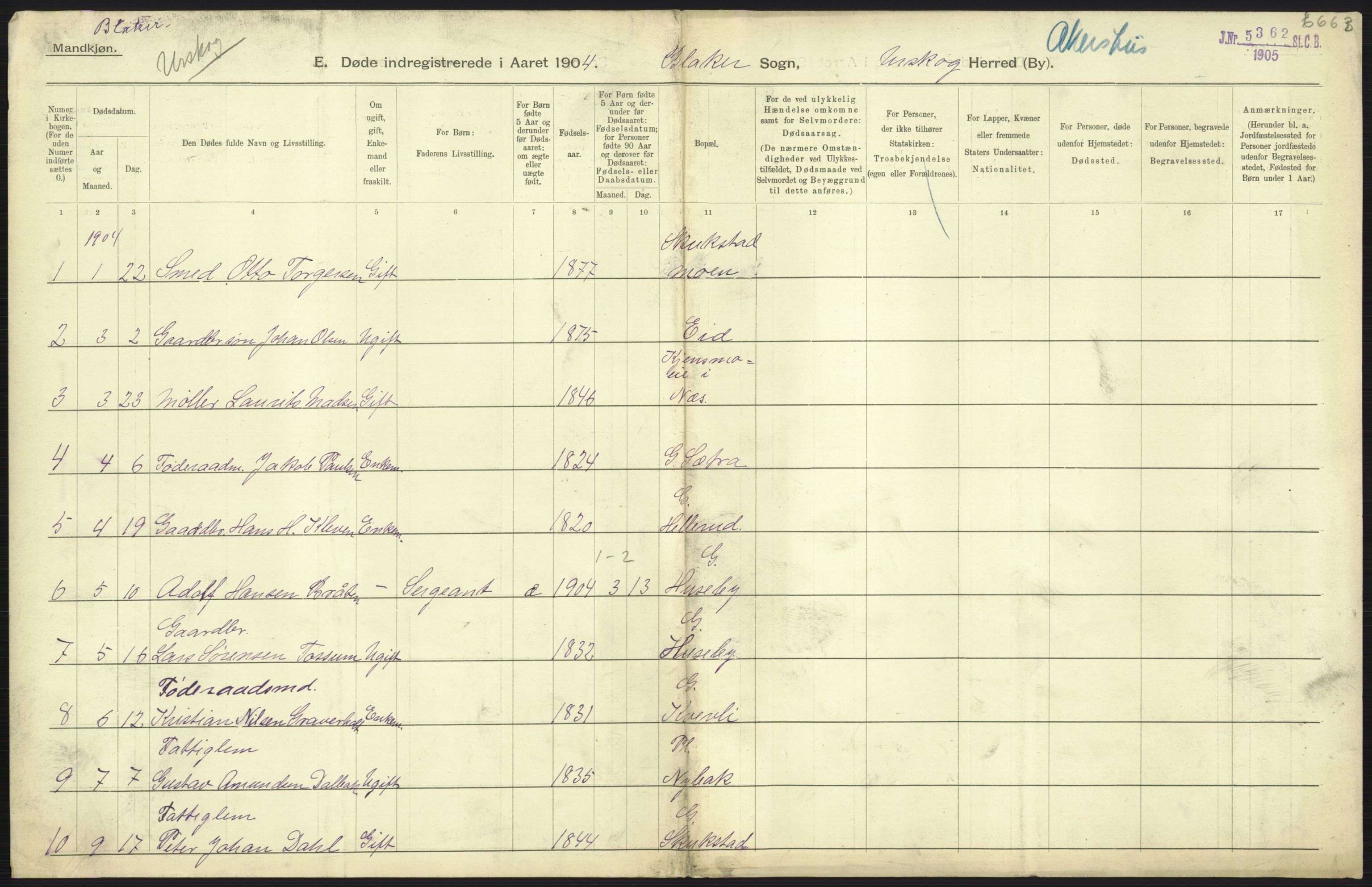 Statistisk sentralbyrå, Sosiodemografiske emner, Befolkning, AV/RA-S-2228/D/Df/Dfa/Dfab/L0002: Akershus amt: Fødte, gifte, døde, 1904, p. 593