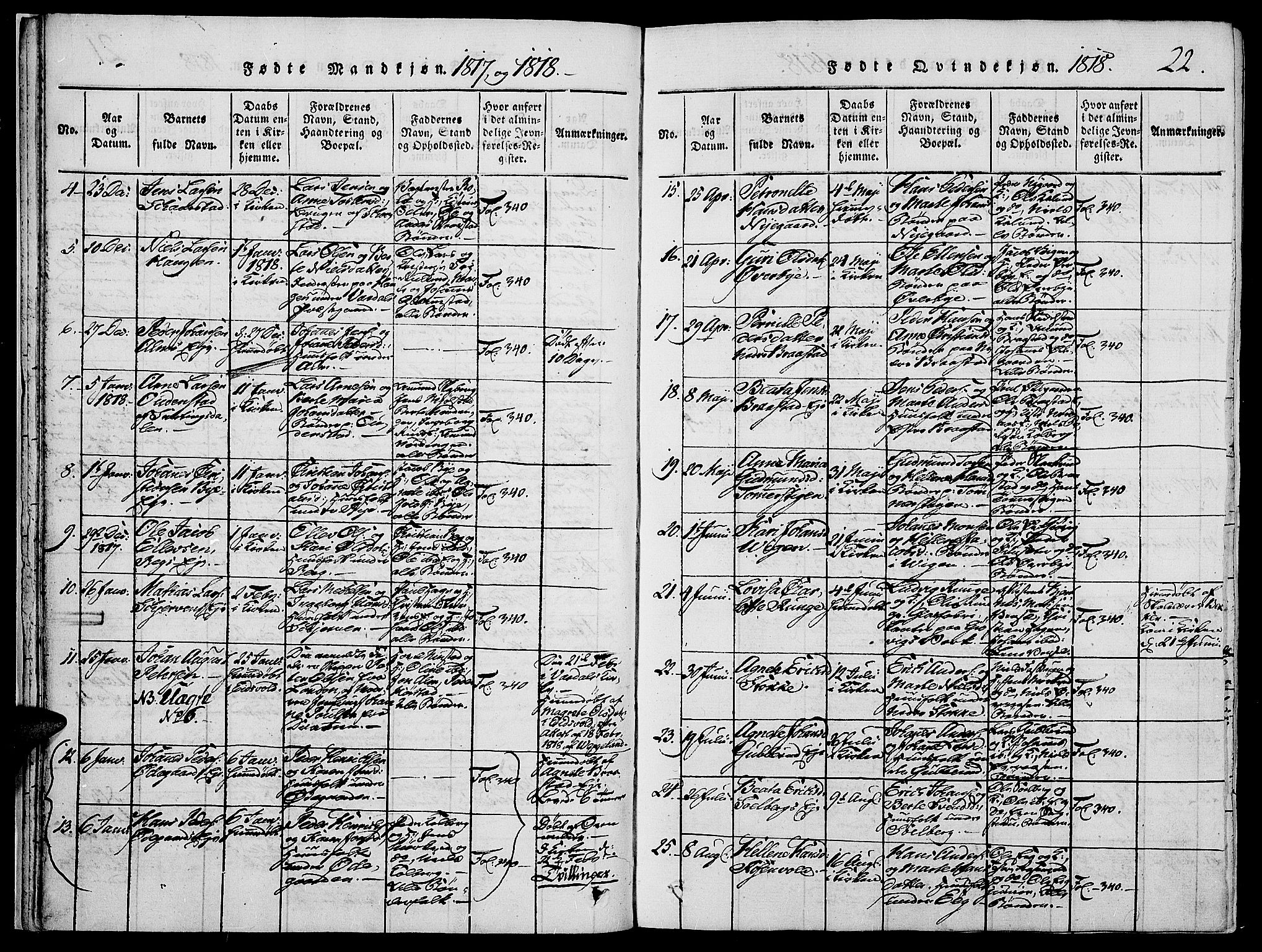 Vardal prestekontor, SAH/PREST-100/H/Ha/Haa/L0004: Parish register (official) no. 4, 1814-1831, p. 22