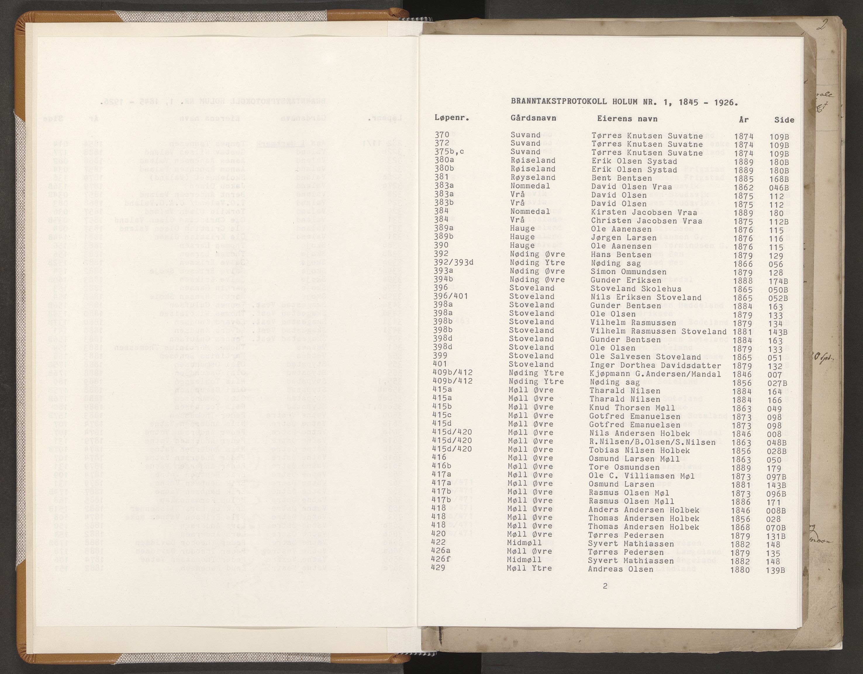 Norges Brannkasse Holum, AV/SAK-2241-0025/F/Fa/L0001: Branntakstprotokoll nr. 1 med gårdsnavnregister, 1845-1926