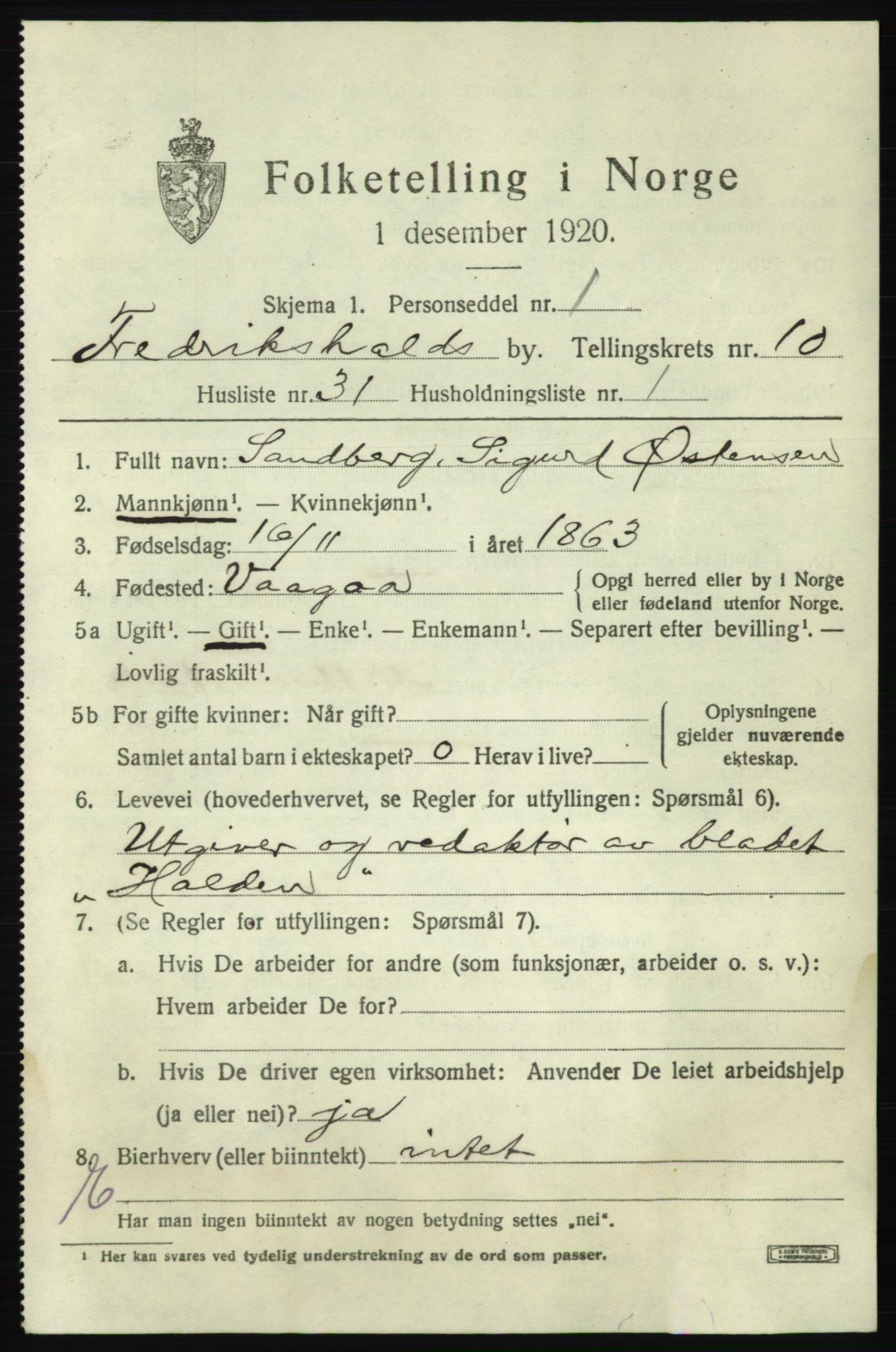 SAO, 1920 census for Fredrikshald, 1920, p. 18419