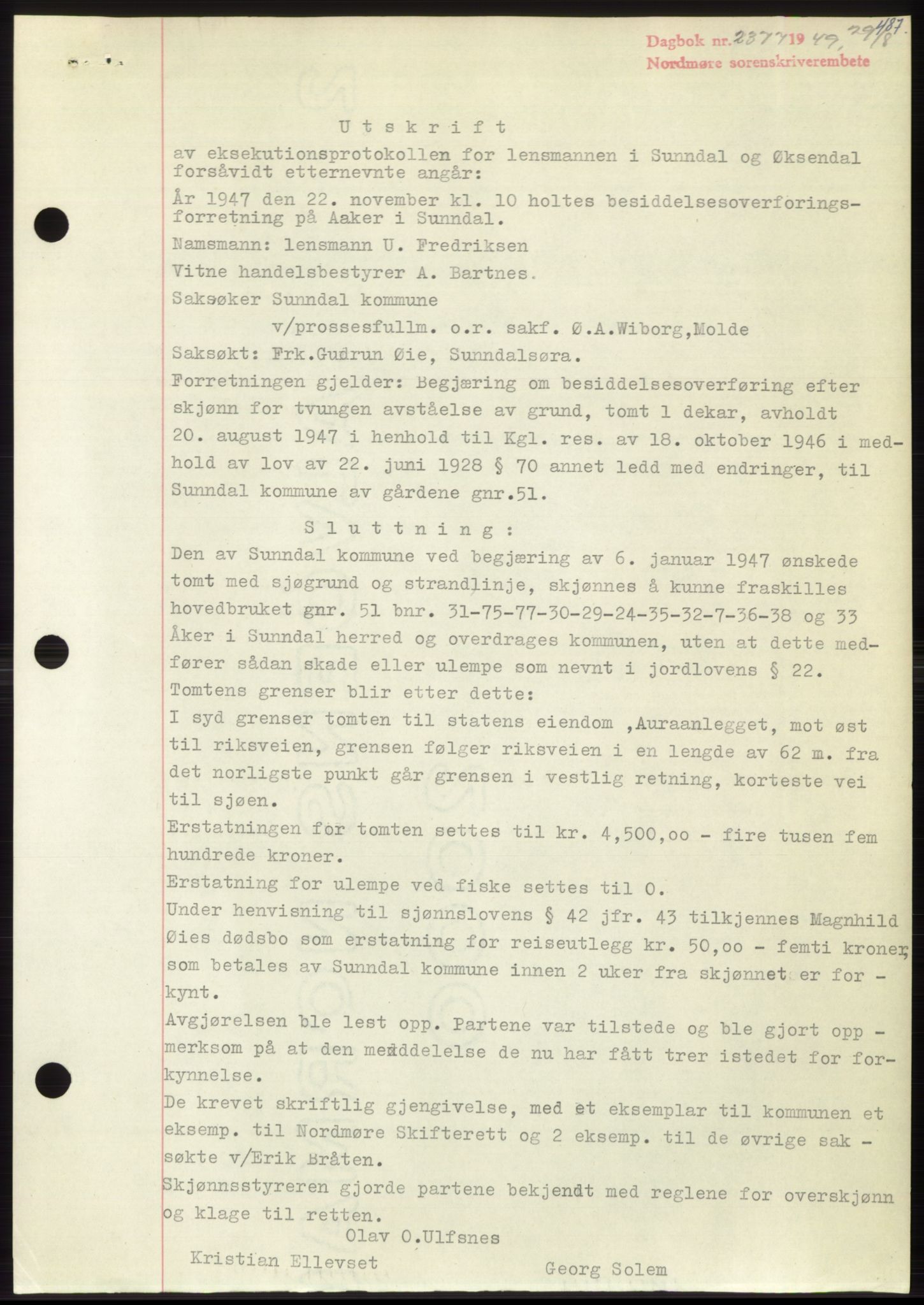 Nordmøre sorenskriveri, AV/SAT-A-4132/1/2/2Ca: Mortgage book no. B102, 1949-1949, Diary no: : 2377/1949