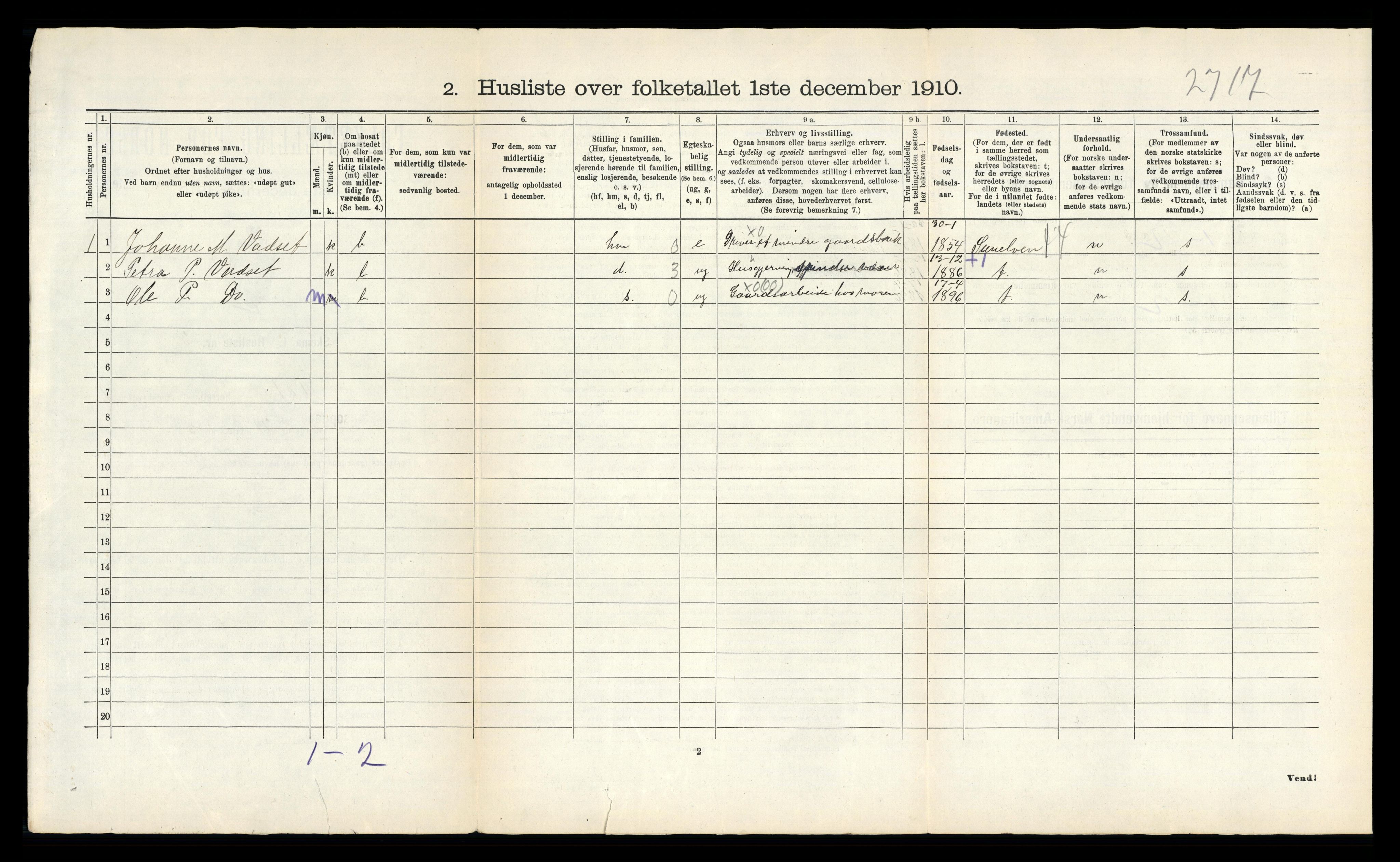 RA, 1910 census for Vatne, 1910, p. 42