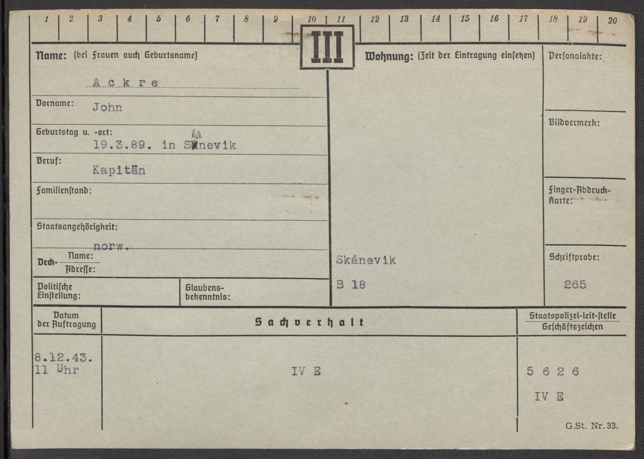 Befehlshaber der Sicherheitspolizei und des SD, RA/RAFA-5969/E/Ea/Eaa/L0001: Register over norske fanger i Møllergata 19: A-Bj, 1940-1945, p. 28