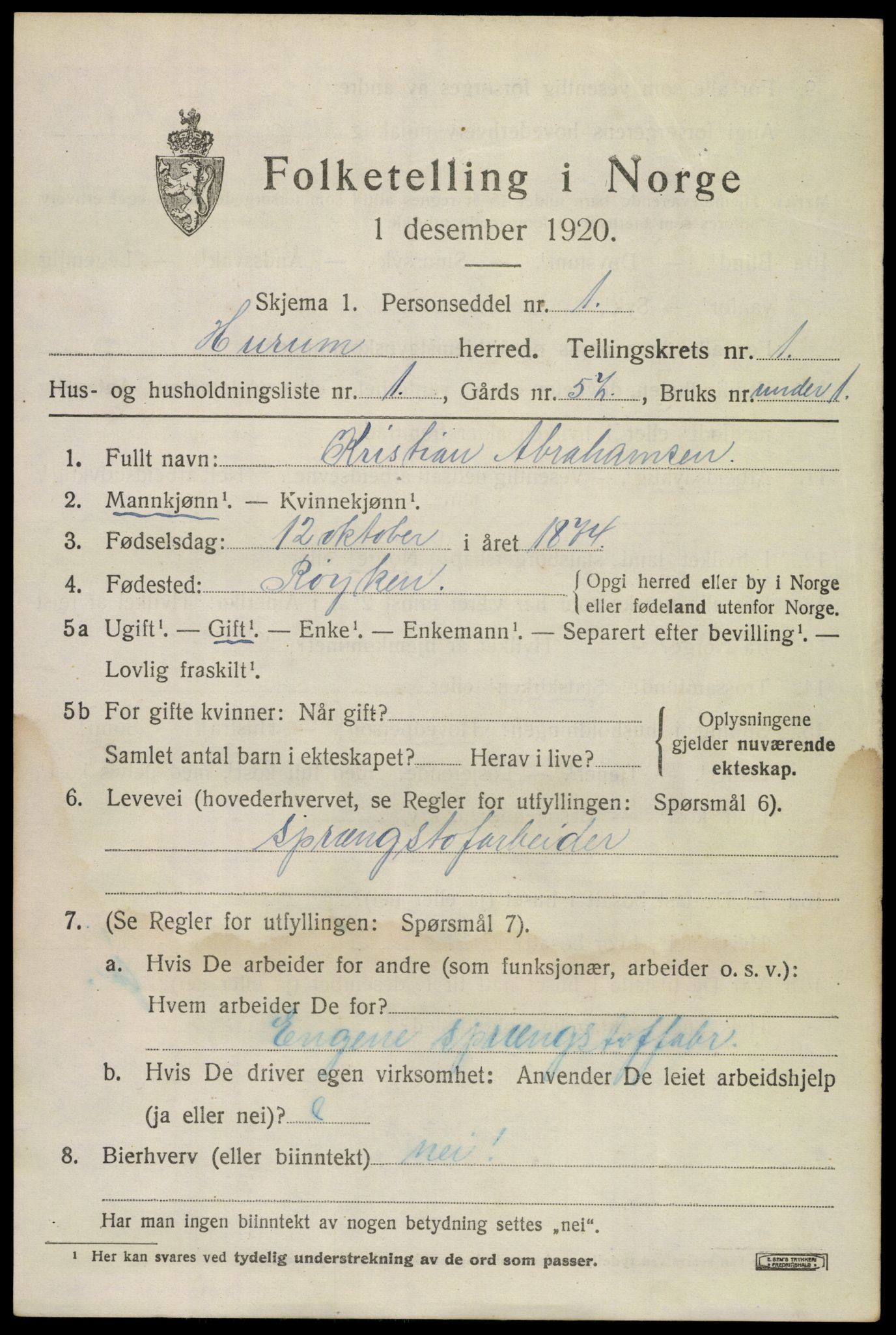 SAKO, 1920 census for Hurum, 1920, p. 1790