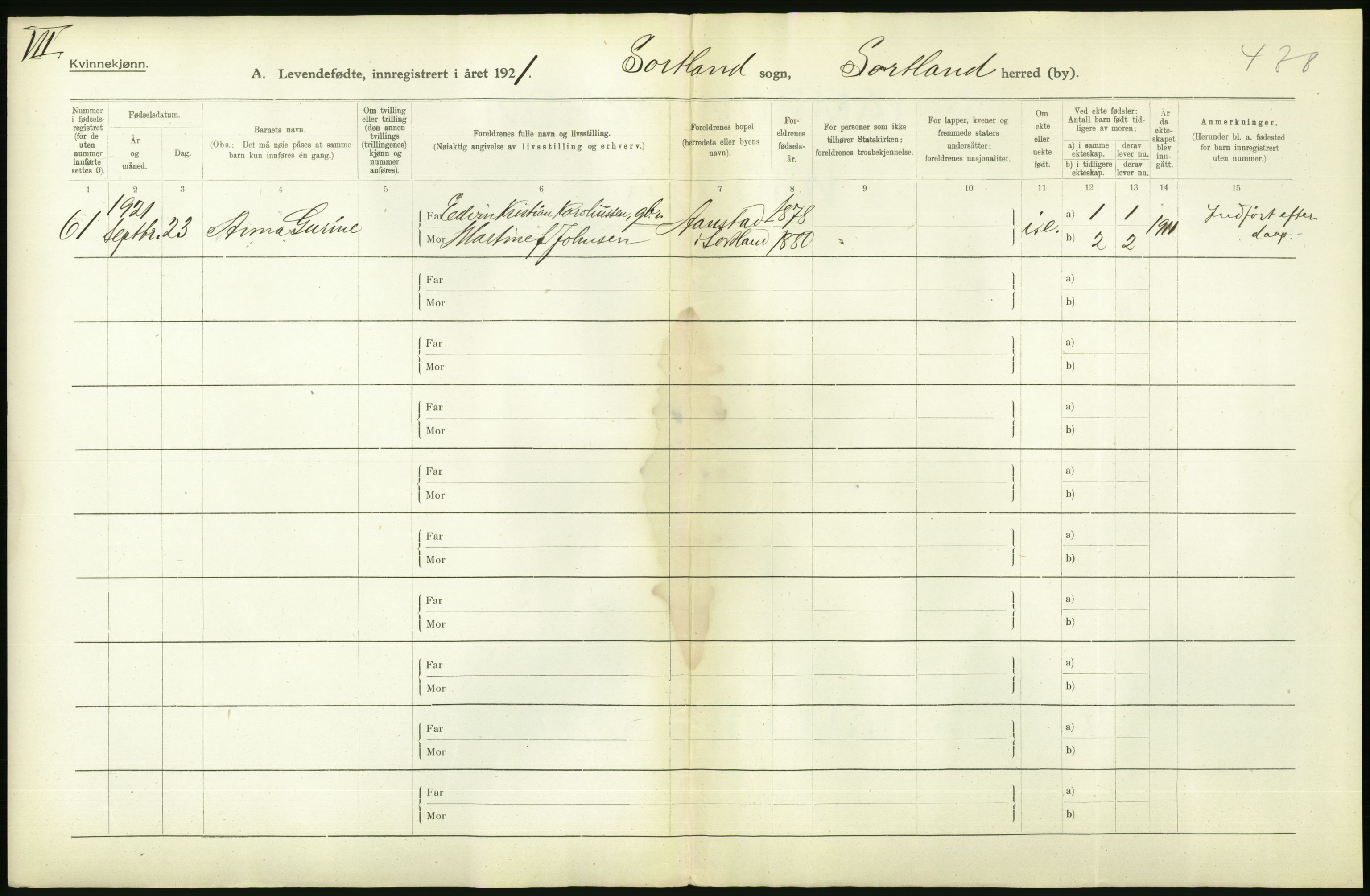 Statistisk sentralbyrå, Sosiodemografiske emner, Befolkning, AV/RA-S-2228/D/Df/Dfc/Dfca/L0049: Nordland fylke: Levendefødte menn og kvinner. Bygder., 1921, p. 432