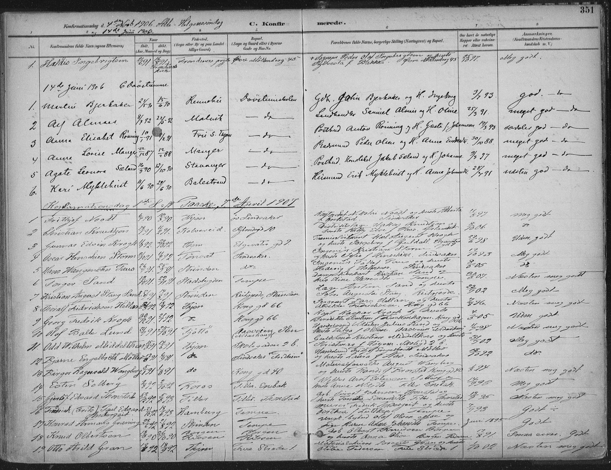Ministerialprotokoller, klokkerbøker og fødselsregistre - Sør-Trøndelag, SAT/A-1456/601/L0062: Parish register (official) no. 601A30, 1891-1911, p. 351