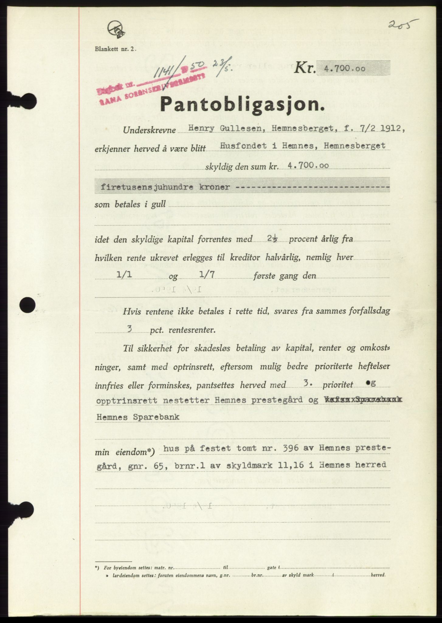 Rana sorenskriveri , AV/SAT-A-1108/1/2/2C: Mortgage book no. B, 1936-1950, Diary no: : 1141/1950