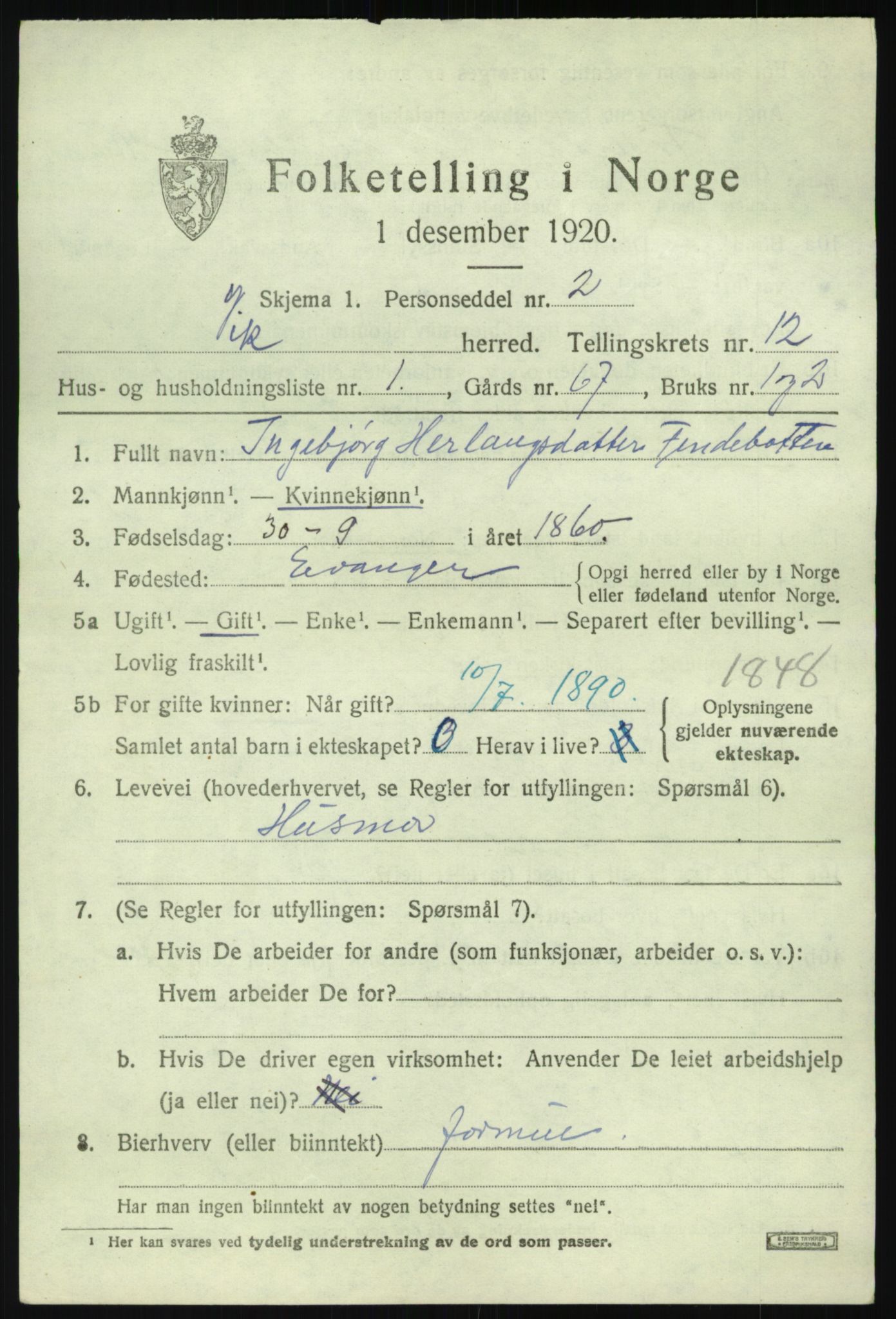 SAB, 1920 census for Vik, 1920, p. 6763