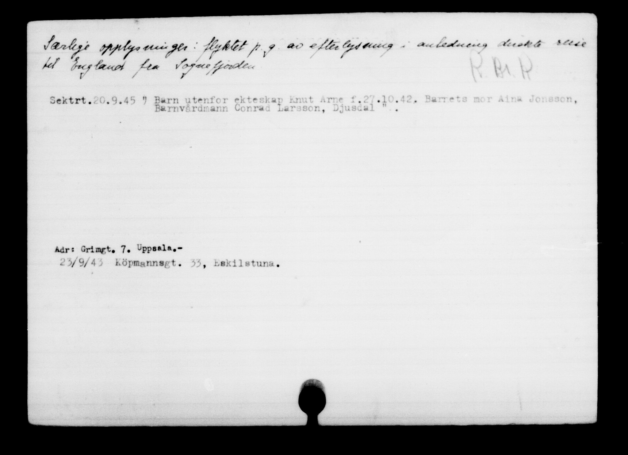Utenriksstasjonene, Legasjonen i Stockholm, Flyktningkontoret, AV/RA-S-6753/V/Va/L0001: Kjesäterkartoteket, flyktninger med registreringsnr. 1-1000, 1940-1945, p. 1256
