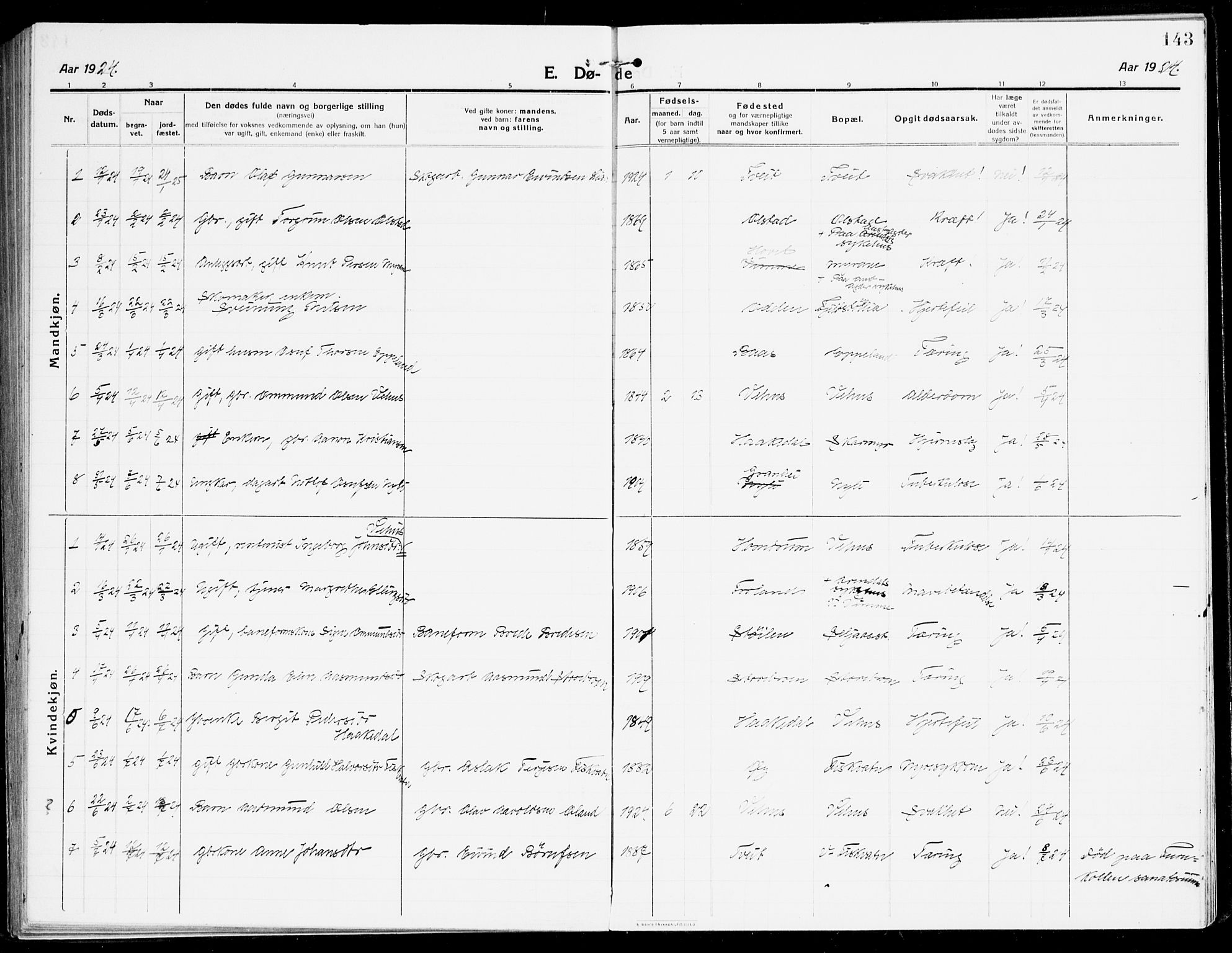 Åmli sokneprestkontor, SAK/1111-0050/F/Fa/Fac/L0013: Parish register (official) no. A 13, 1914-1933, p. 143