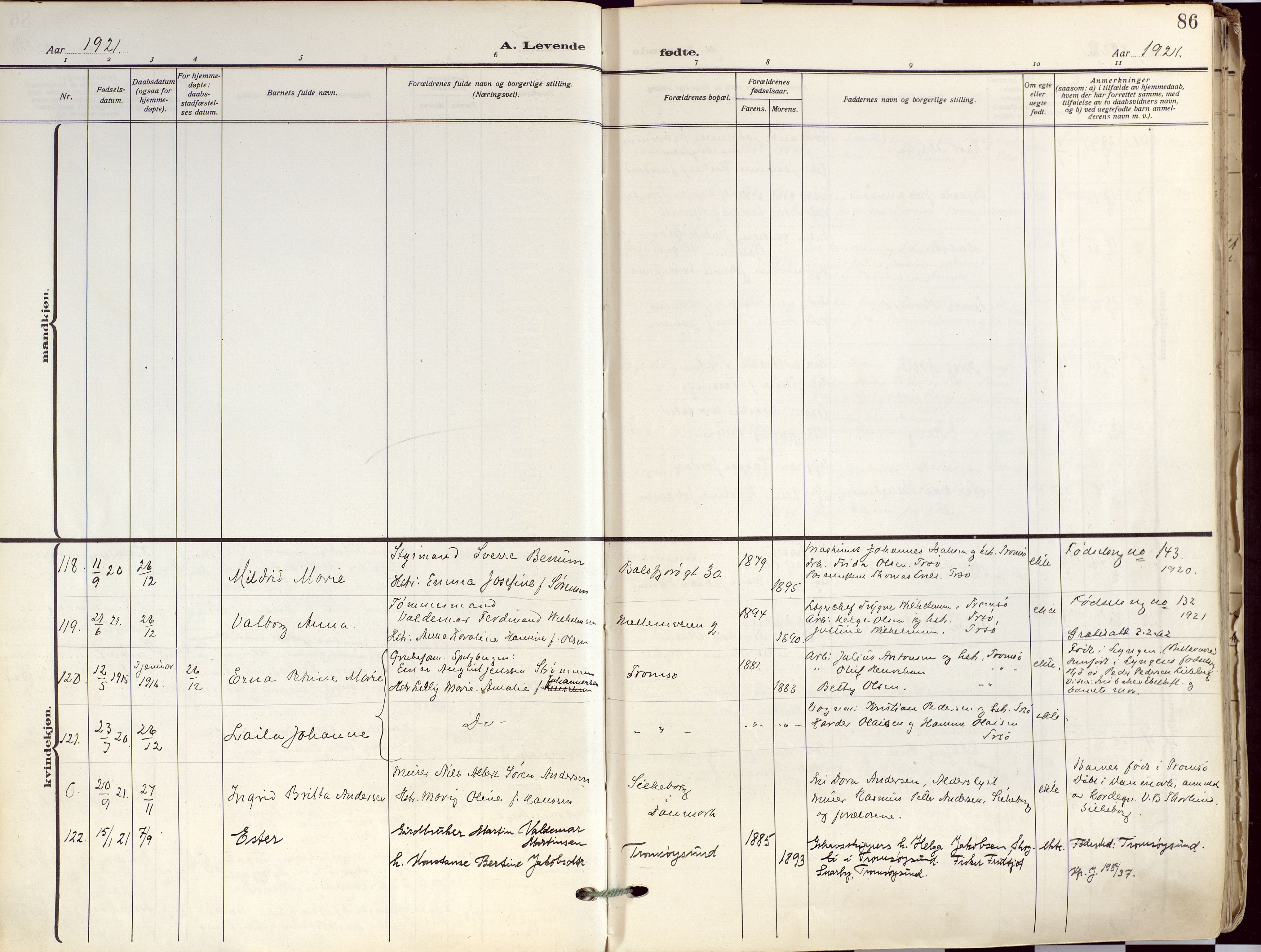 Tromsø sokneprestkontor/stiftsprosti/domprosti, AV/SATØ-S-1343/G/Ga/L0019kirke: Parish register (official) no. 19, 1917-1927, p. 86