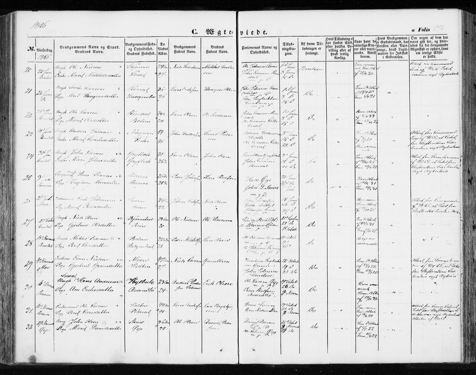 Ministerialprotokoller, klokkerbøker og fødselsregistre - Møre og Romsdal, SAT/A-1454/595/L1044: Parish register (official) no. 595A06, 1852-1863, p. 174