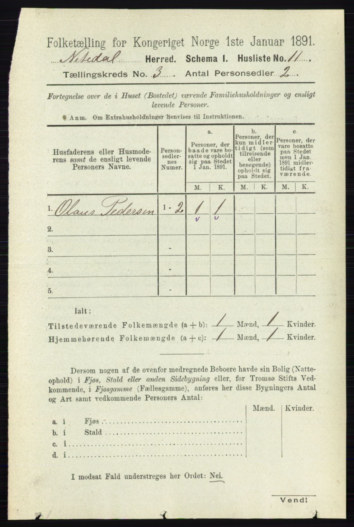 RA, 1891 census for 0233 Nittedal, 1891, p. 1136