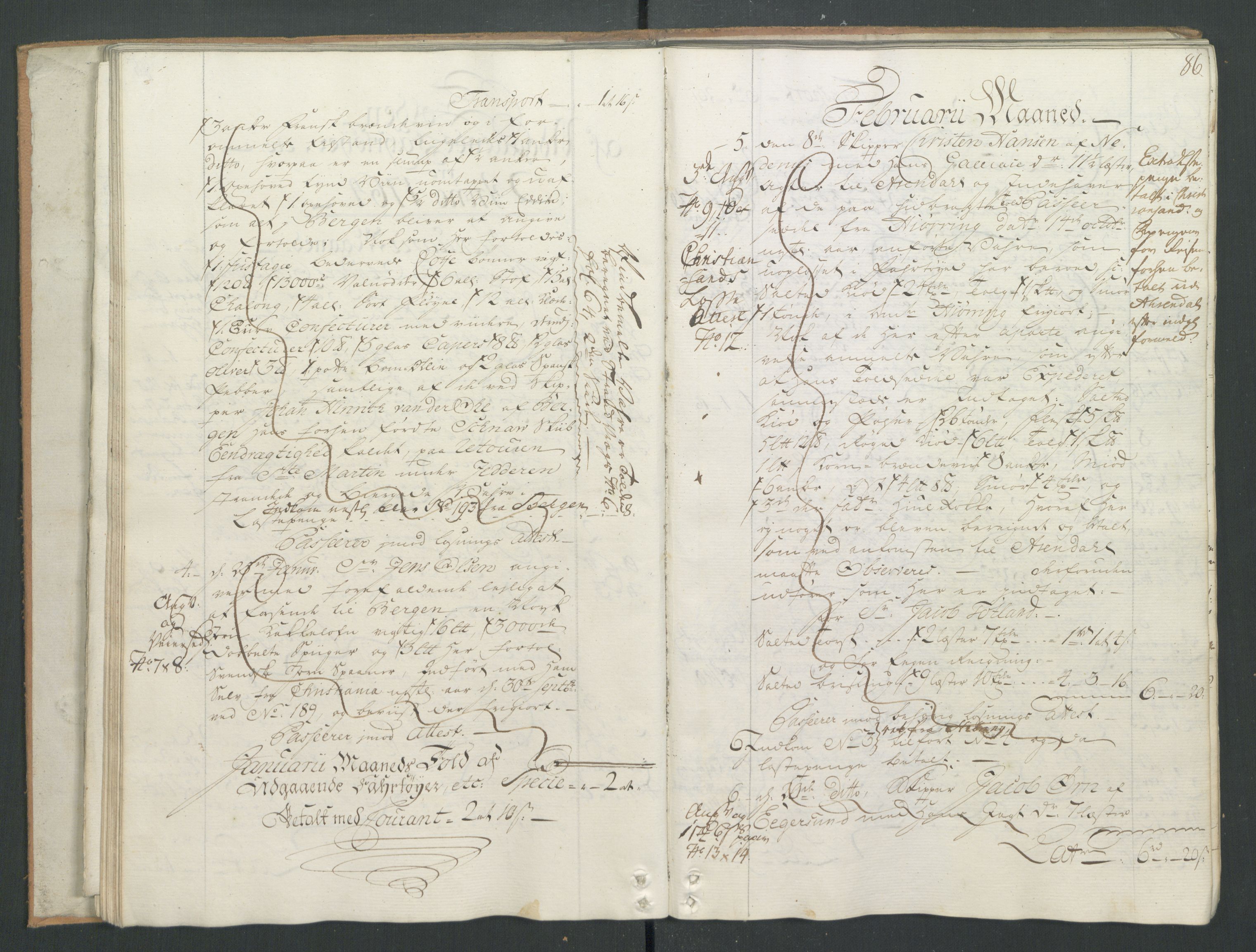 Generaltollkammeret, tollregnskaper, AV/RA-EA-5490/R22/L0026/0001: Tollregnskaper Stavanger / Hovedtollbok, 1764, p. 85b-86a
