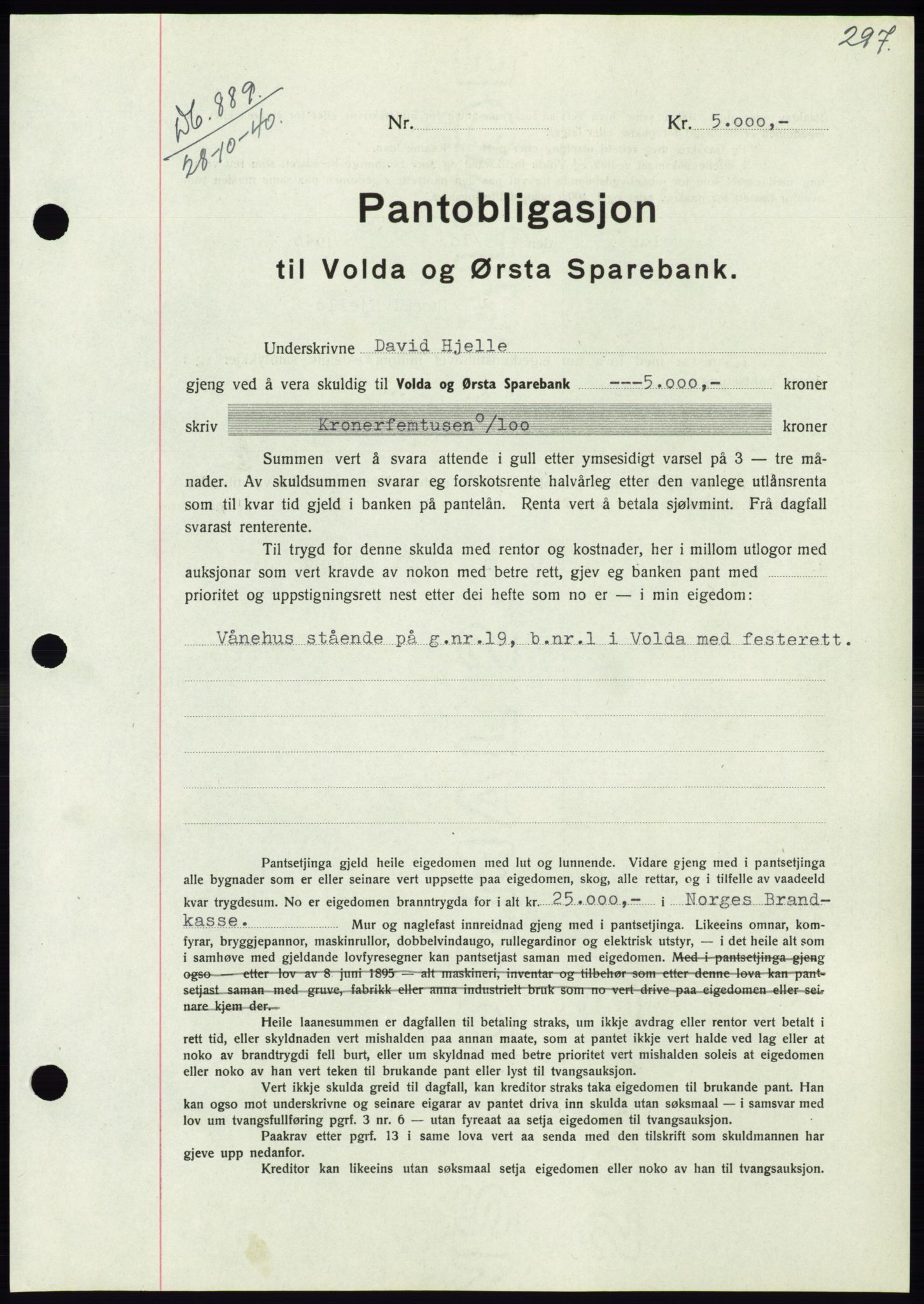 Søre Sunnmøre sorenskriveri, AV/SAT-A-4122/1/2/2C/L0070: Mortgage book no. 64, 1940-1941, Diary no: : 889/1940