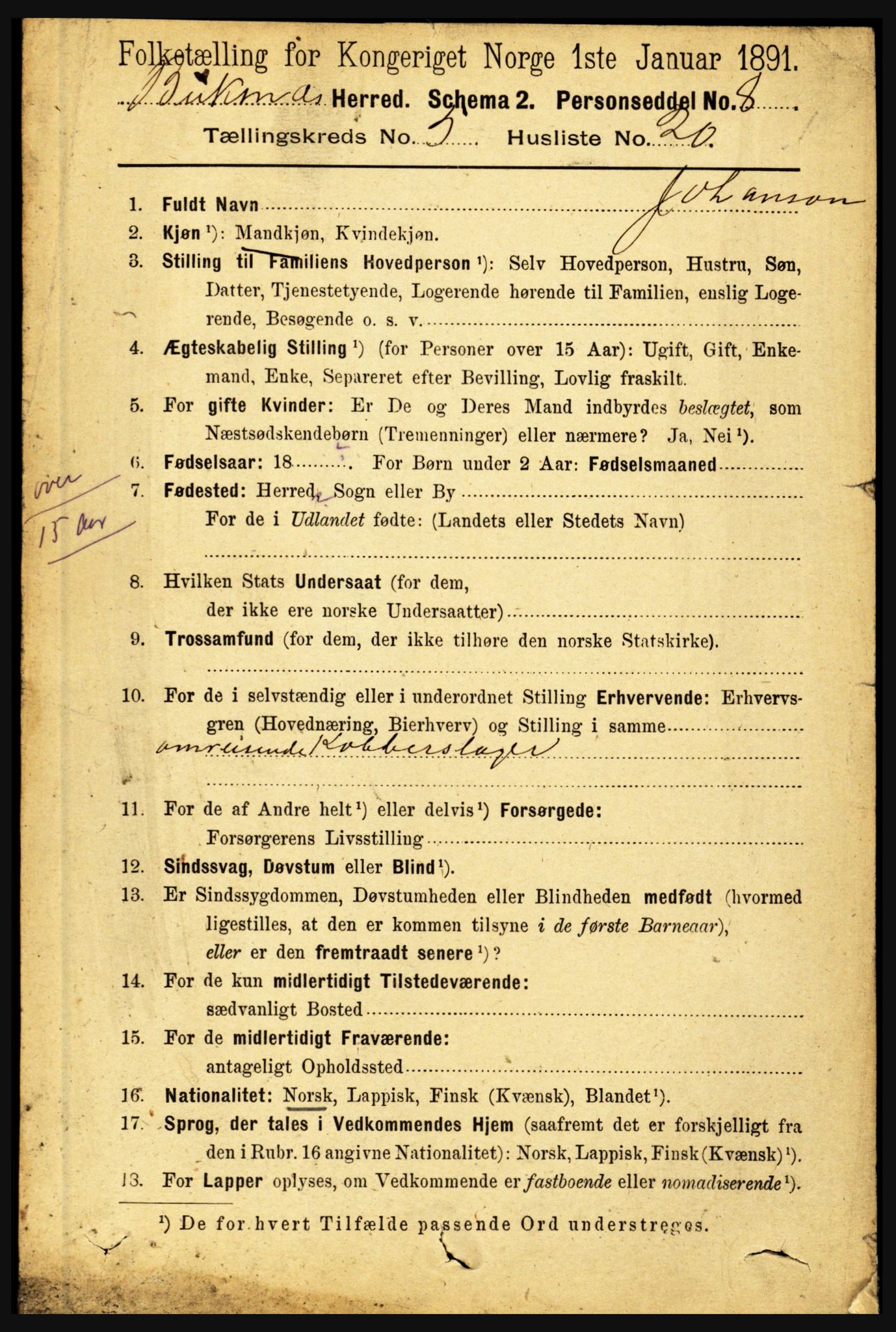 RA, 1891 census for 1860 Buksnes, 1891, p. 3996