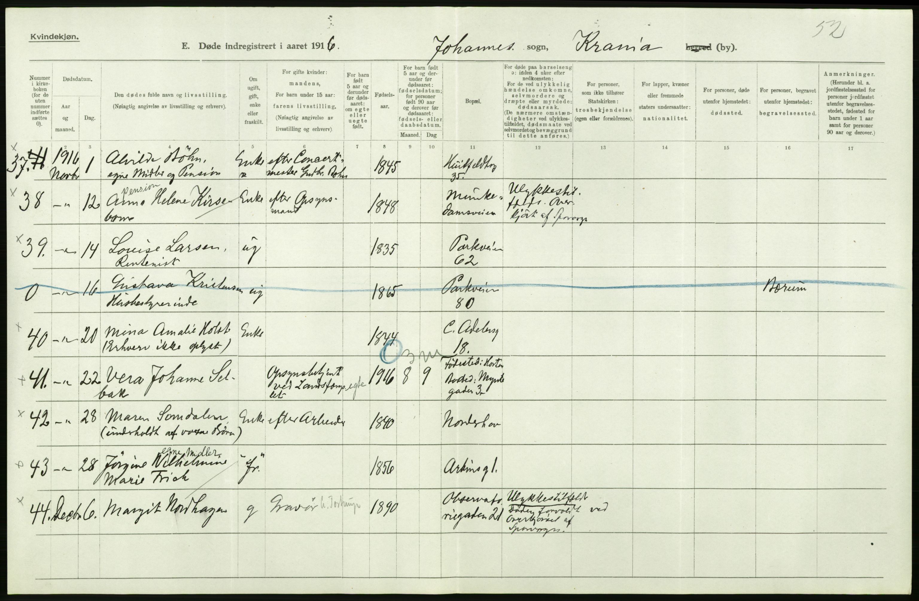 Statistisk sentralbyrå, Sosiodemografiske emner, Befolkning, AV/RA-S-2228/D/Df/Dfb/Dfbf/L0010: Kristiania: Døde, dødfødte., 1916, p. 456