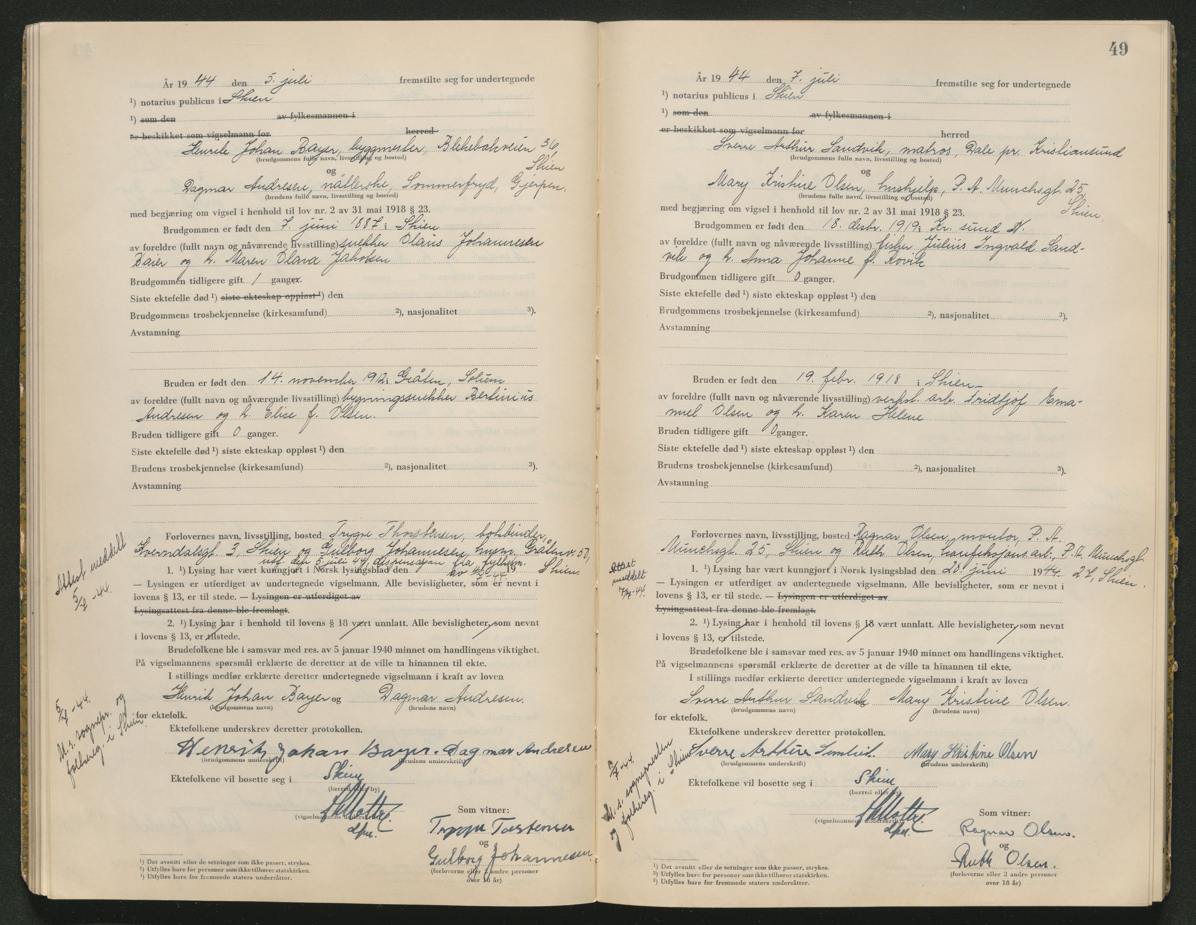 Skien sorenskriveri, AV/SAKO-A-225/L/La/L0001: Vigselsprotokoll, 1920-1947, p. 49