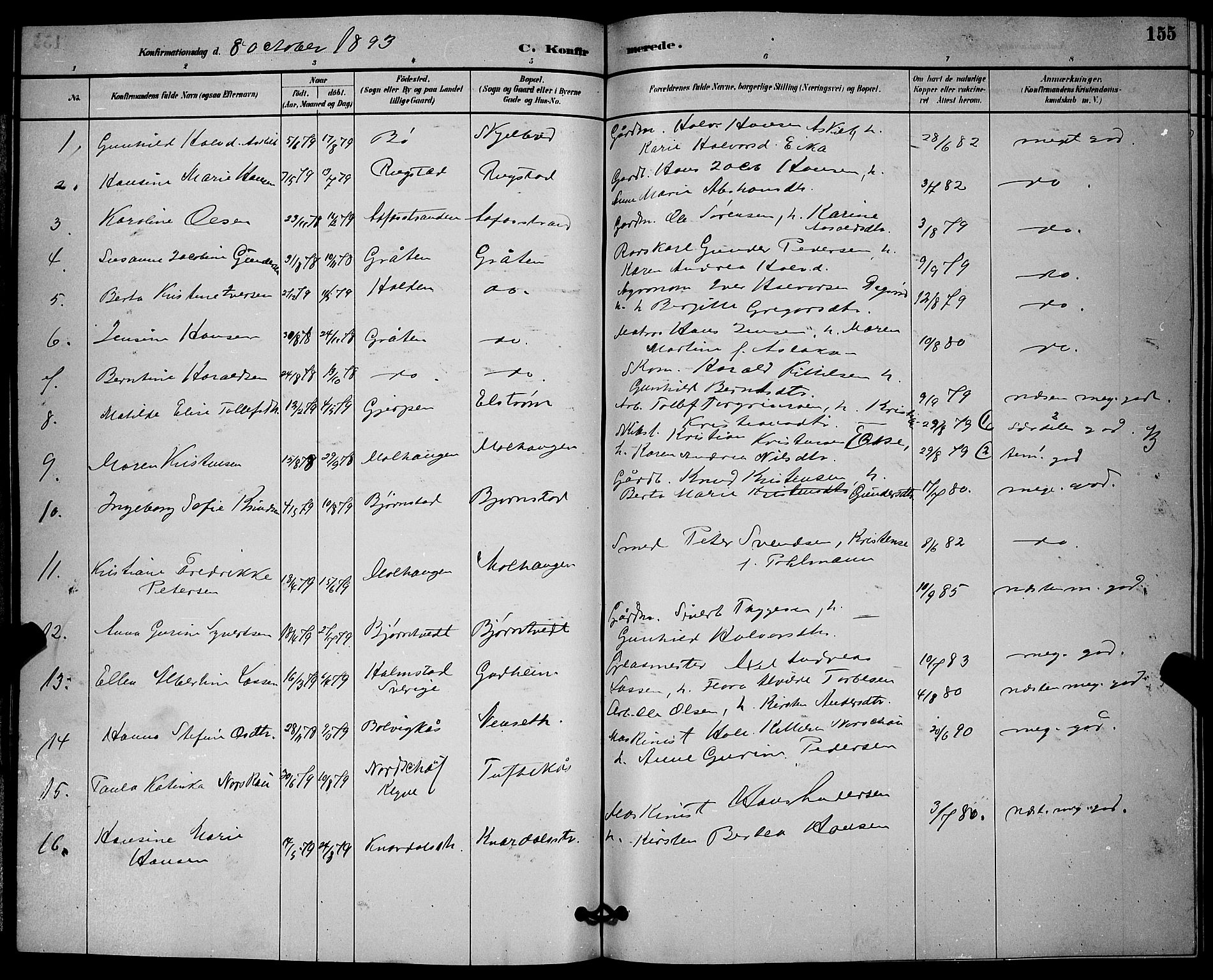 Solum kirkebøker, SAKO/A-306/G/Ga/L0007: Parish register (copy) no. I 7, 1884-1898, p. 155