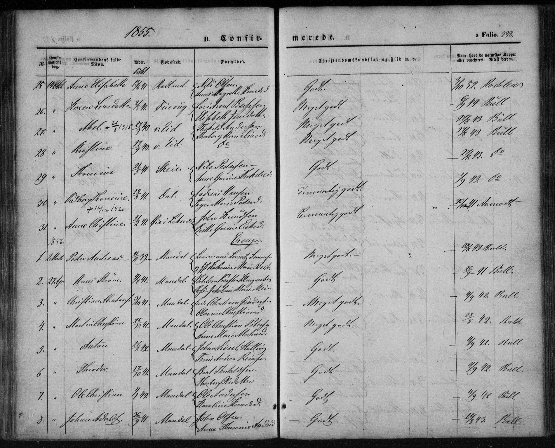 Mandal sokneprestkontor, SAK/1111-0030/F/Fa/Faa/L0013: Parish register (official) no. A 13, 1847-1859, p. 238