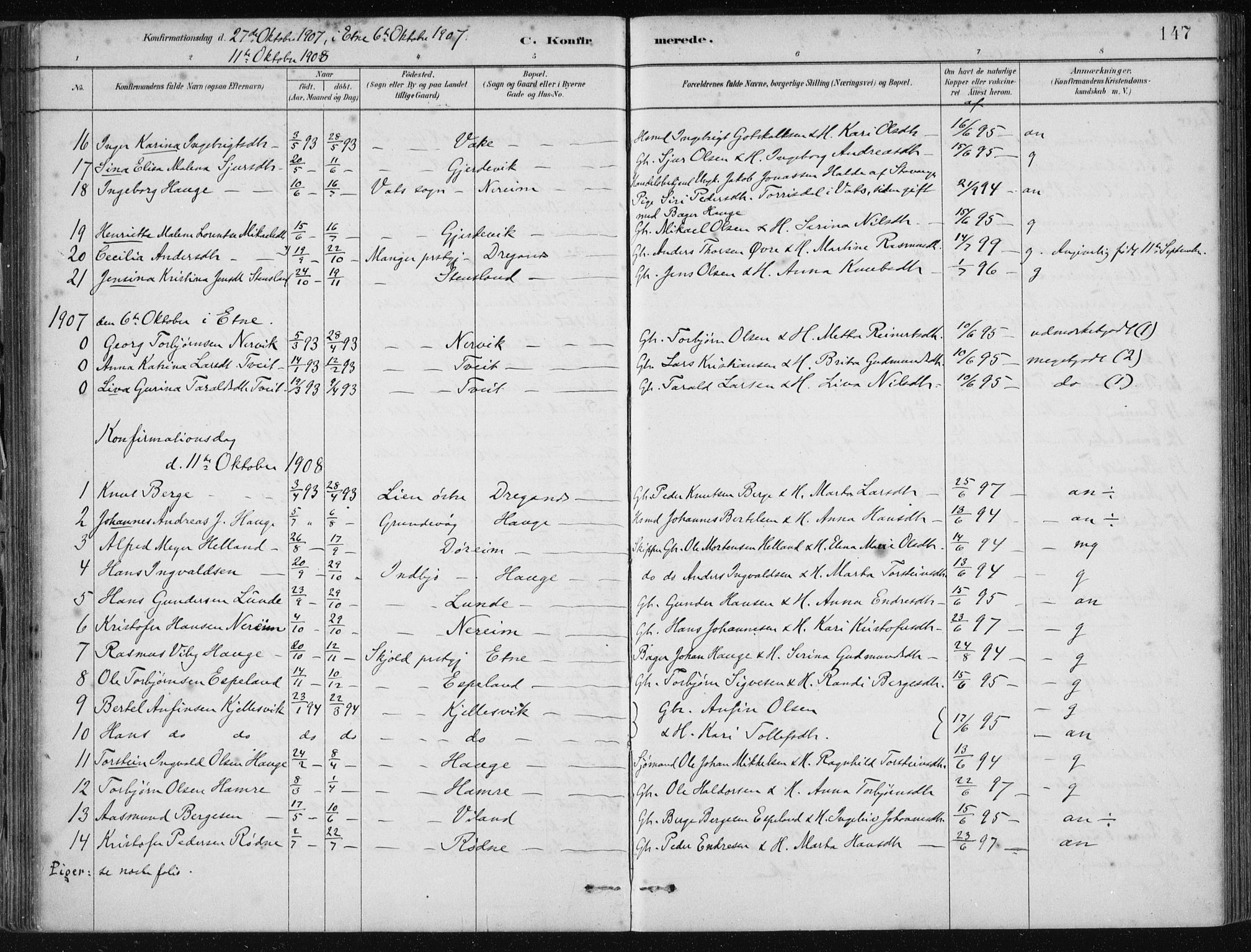 Fjelberg sokneprestembete, AV/SAB-A-75201/H/Haa: Parish register (official) no. D 1, 1879-1918, p. 147