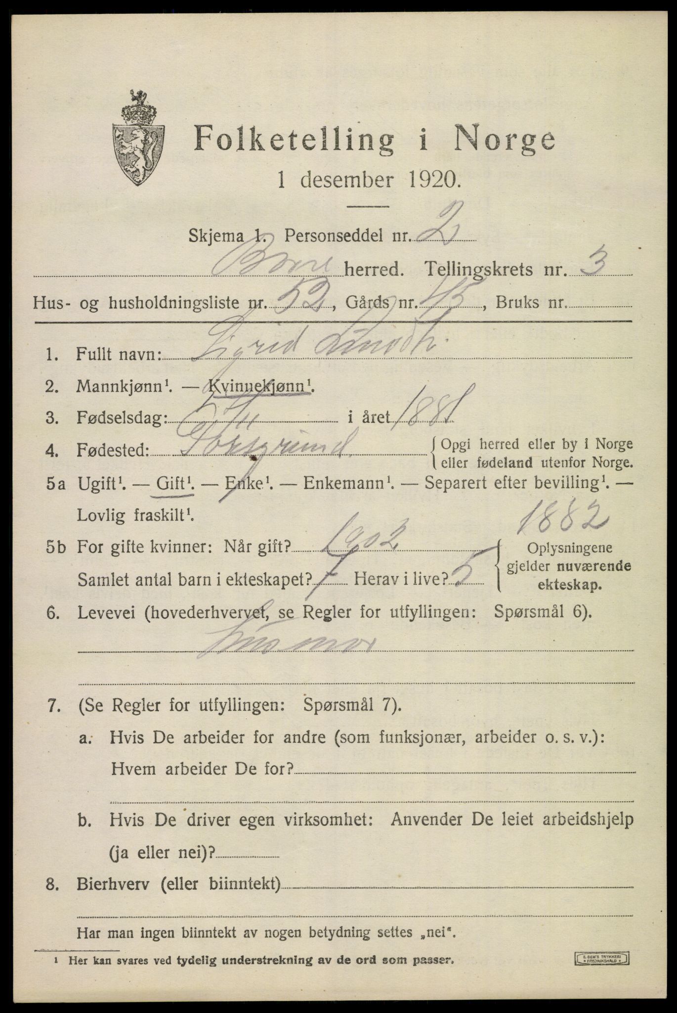 SAKO, 1920 census for Borre, 1920, p. 6724