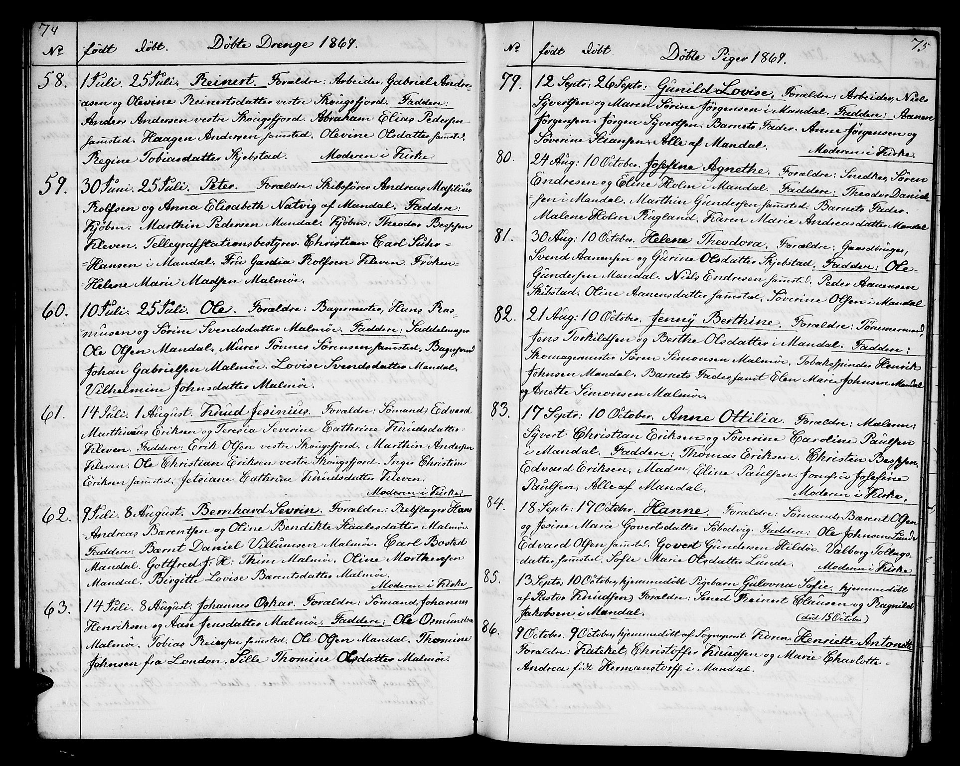Mandal sokneprestkontor, SAK/1111-0030/F/Fb/Fba/L0009: Parish register (copy) no. B 3, 1867-1877, p. 74-75