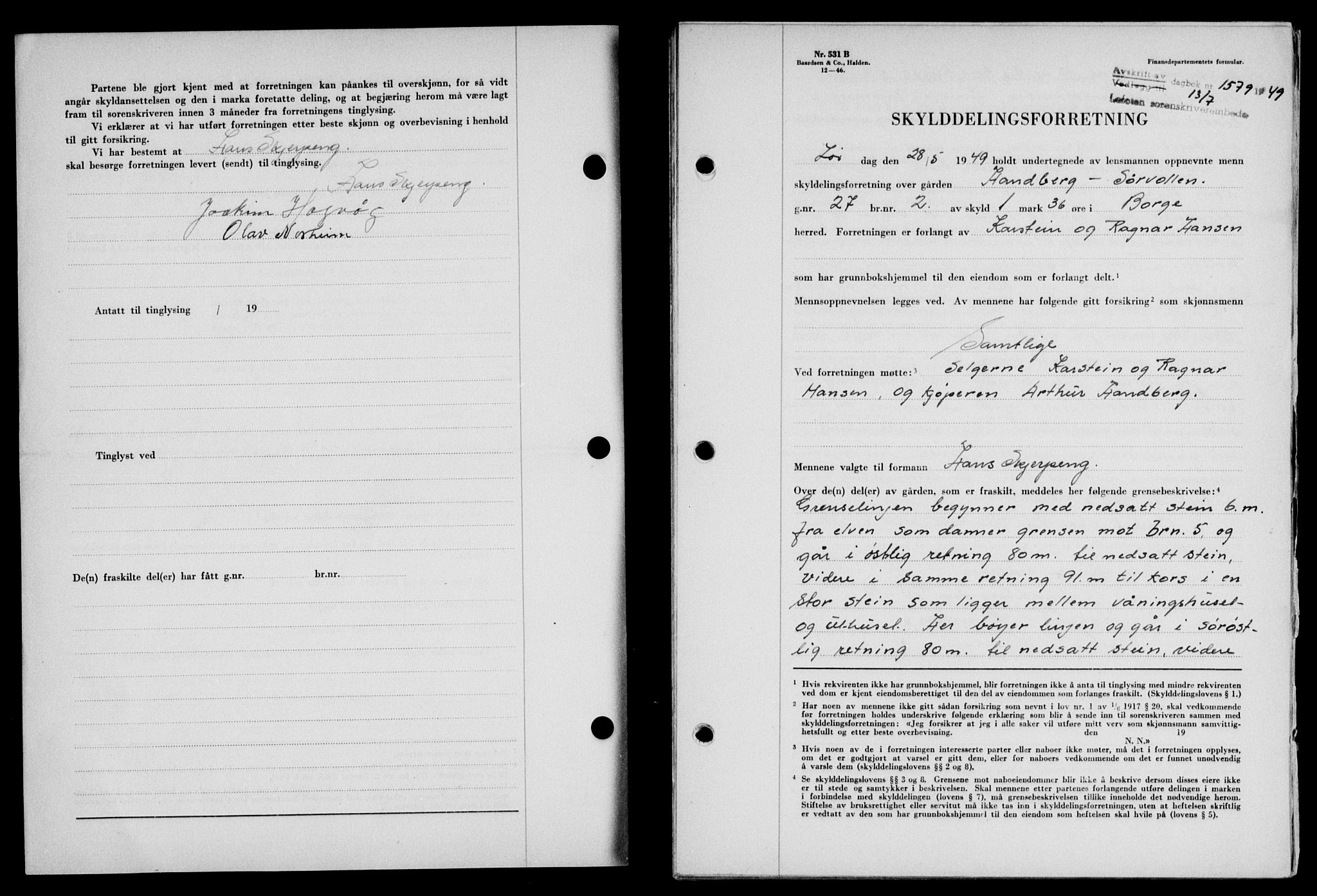 Lofoten sorenskriveri, SAT/A-0017/1/2/2C/L0021a: Mortgage book no. 21a, 1949-1949, Diary no: : 1579/1949