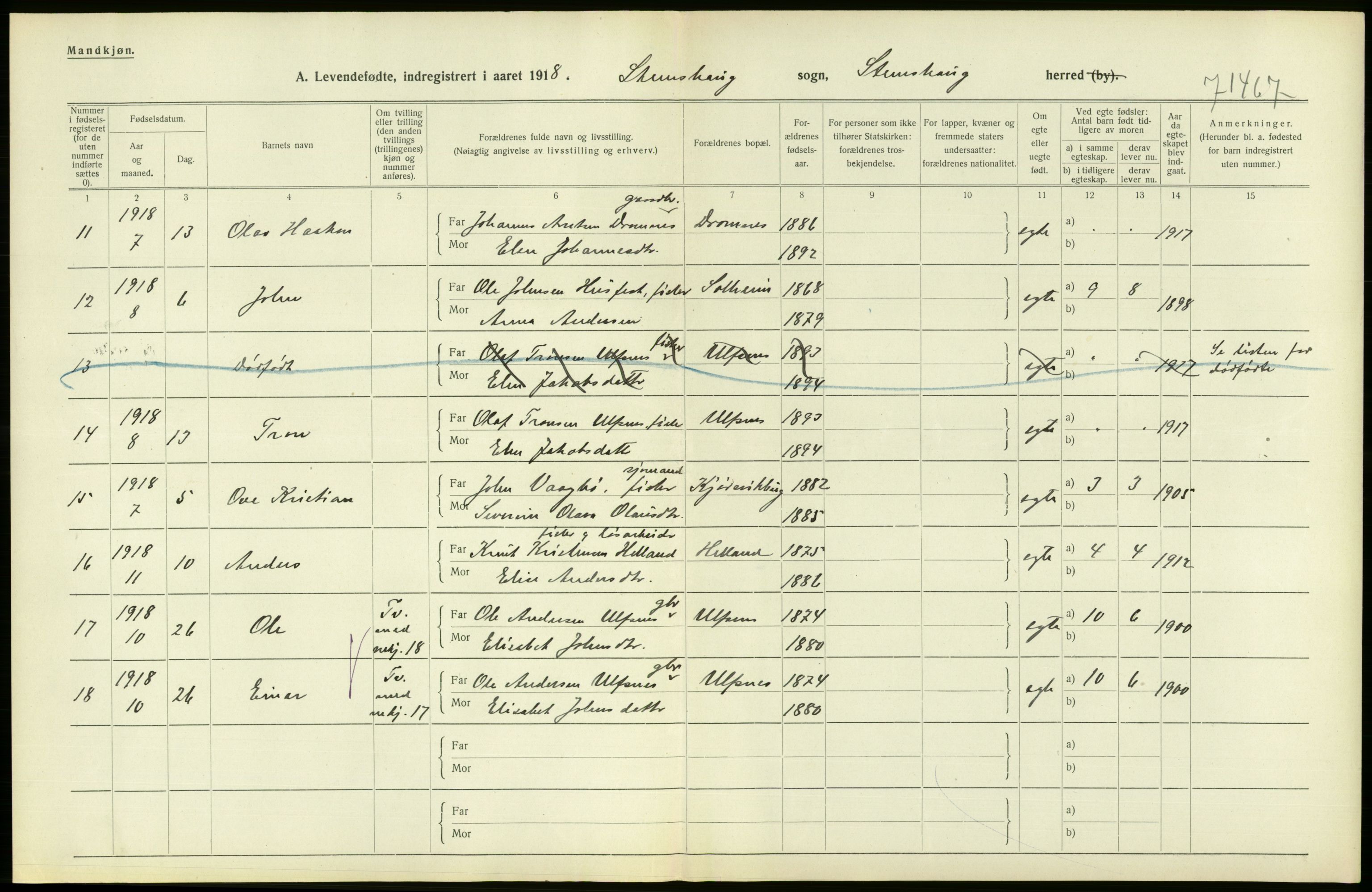 Statistisk sentralbyrå, Sosiodemografiske emner, Befolkning, RA/S-2228/D/Df/Dfb/Dfbh/L0043: Møre fylke: Levendefødte menn og kvinner. Bygder., 1918, p. 546