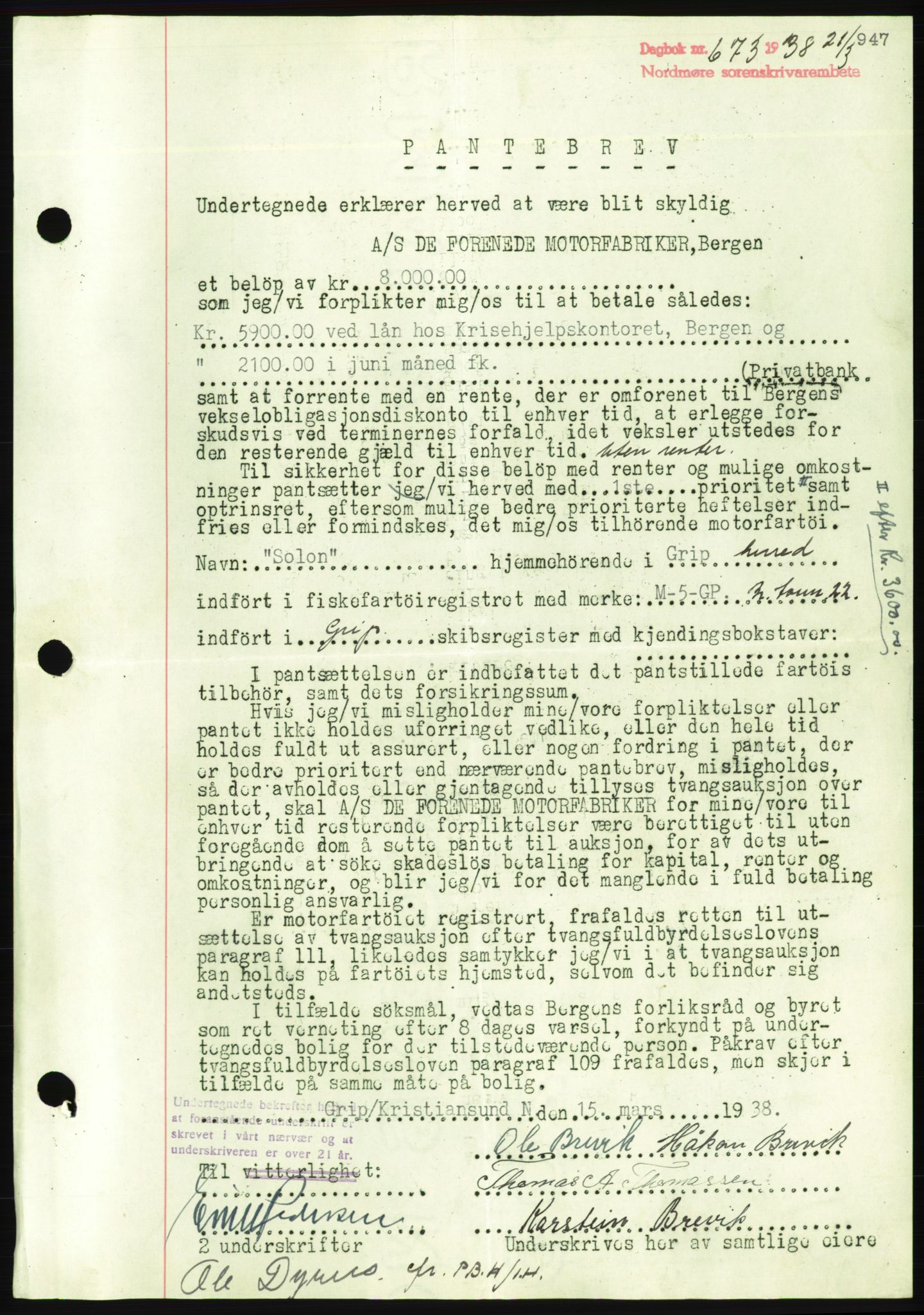 Nordmøre sorenskriveri, AV/SAT-A-4132/1/2/2Ca/L0092: Mortgage book no. B82, 1937-1938, Diary no: : 673/1938