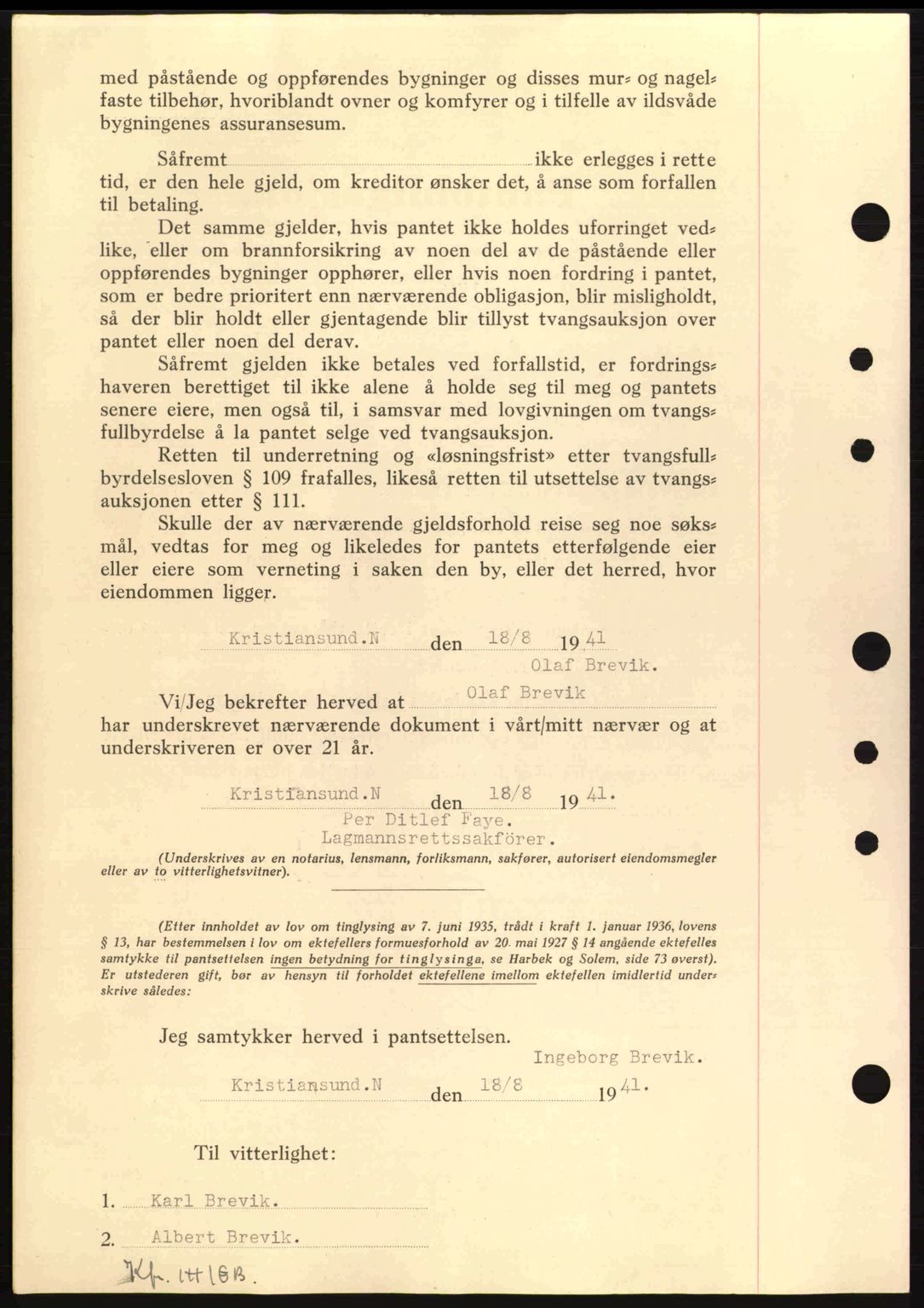 Nordmøre sorenskriveri, AV/SAT-A-4132/1/2/2Ca: Mortgage book no. B88, 1941-1942, Diary no: : 1605/1941