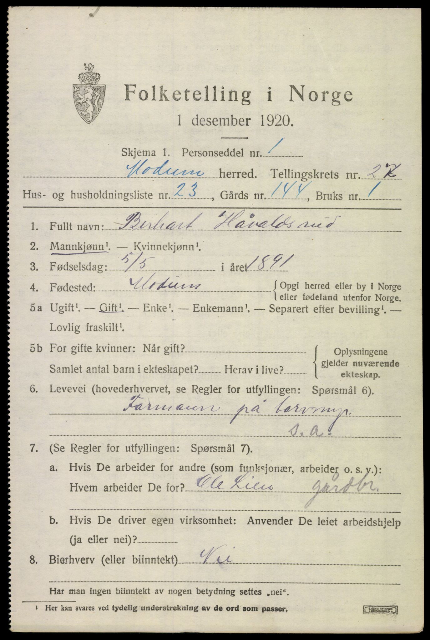 SAKO, 1920 census for Modum, 1920, p. 26209