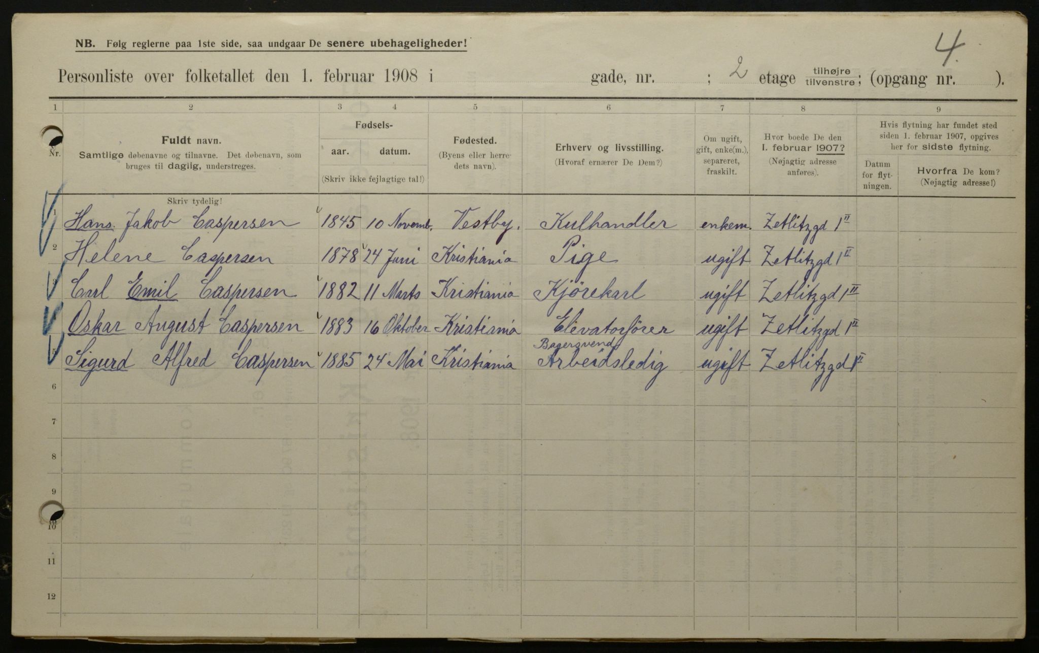 OBA, Municipal Census 1908 for Kristiania, 1908, p. 115487