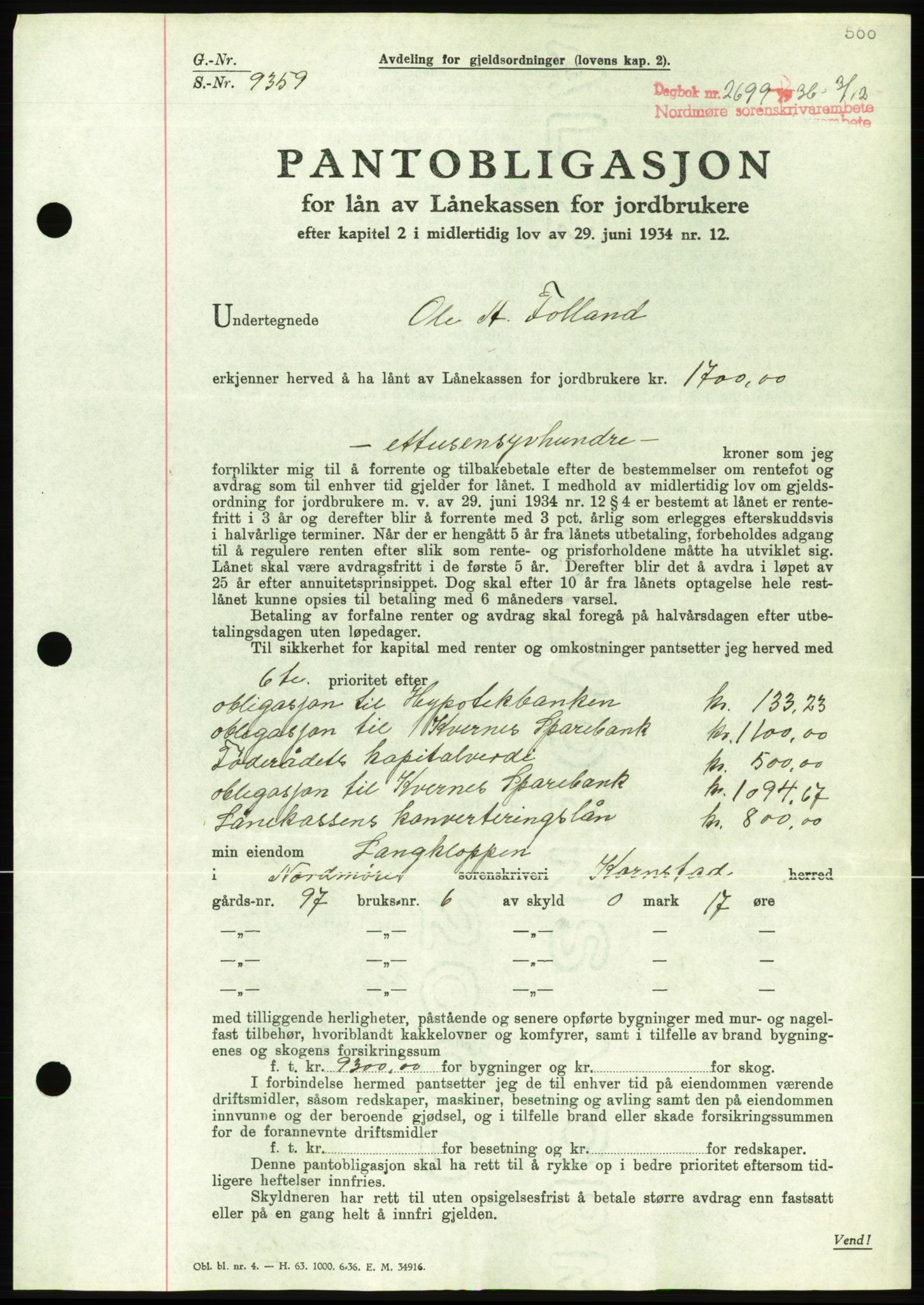 Nordmøre sorenskriveri, AV/SAT-A-4132/1/2/2Ca/L0090: Mortgage book no. B80, 1936-1937, Diary no: : 2699/1936