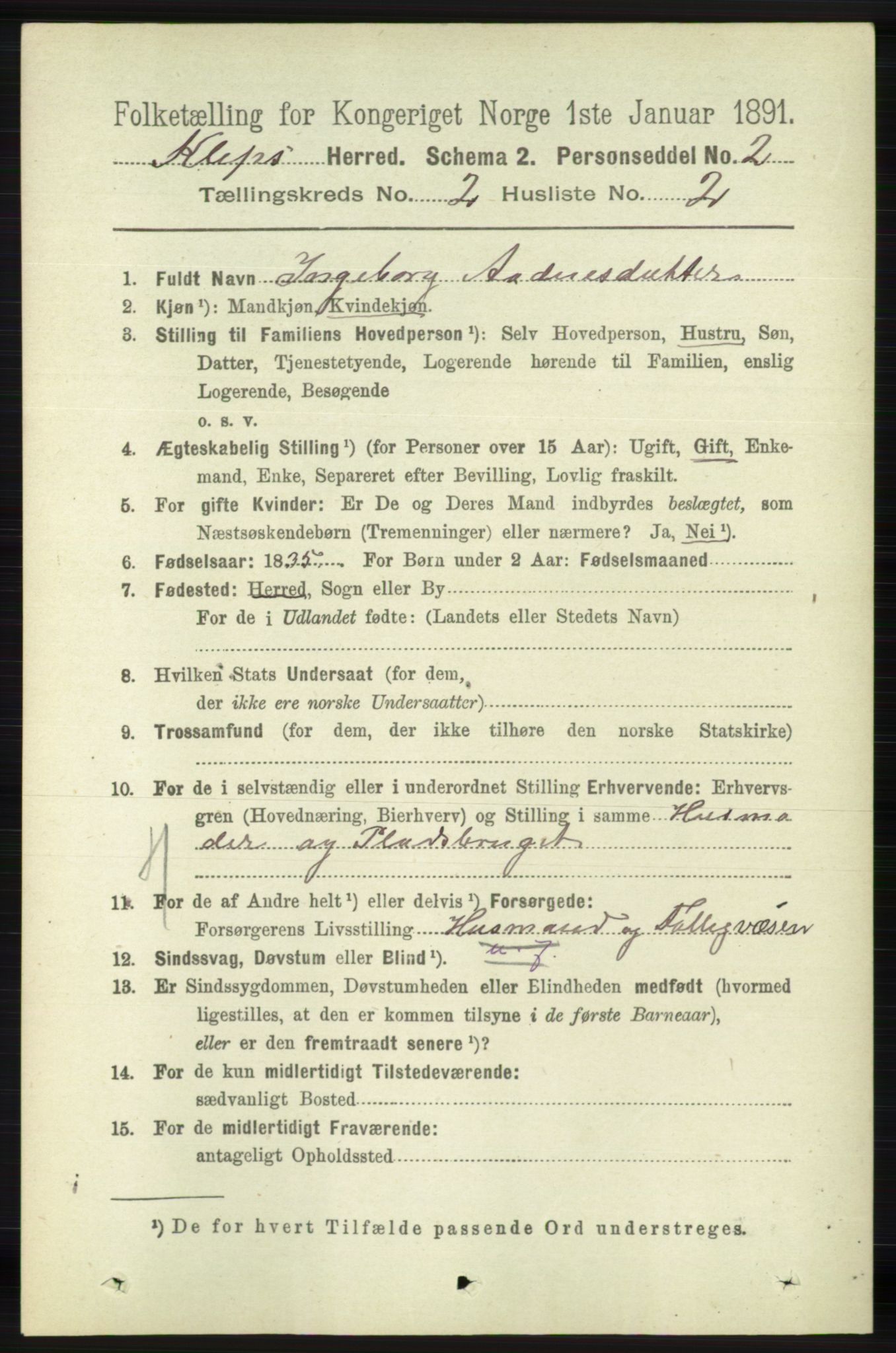 RA, 1891 census for 1120 Klepp, 1891, p. 367