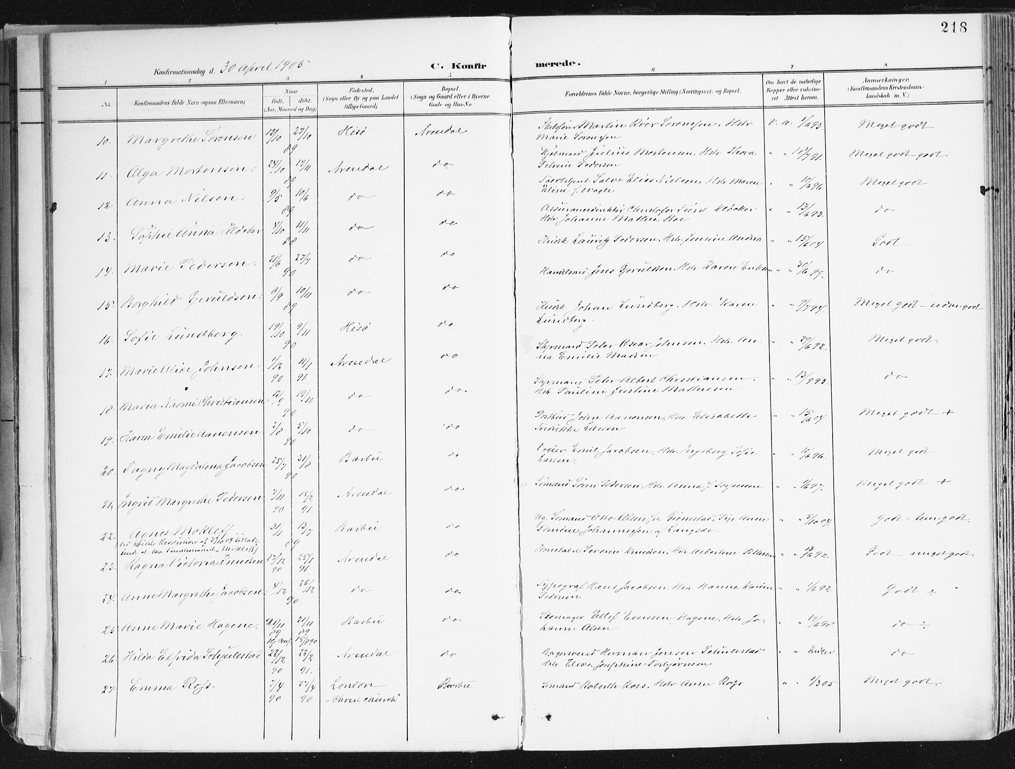 Arendal sokneprestkontor, Trefoldighet, AV/SAK-1111-0040/F/Fa/L0010: Parish register (official) no. A 10, 1900-1919, p. 218