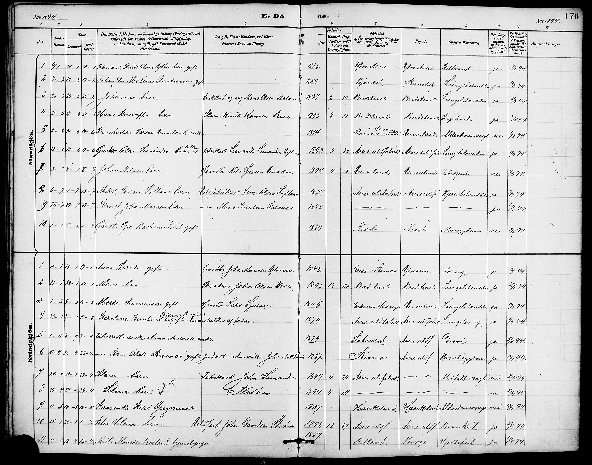Arna Sokneprestembete, SAB/A-74001/H/Ha/Hab: Parish register (copy) no. A 3, 1887-1897, p. 176