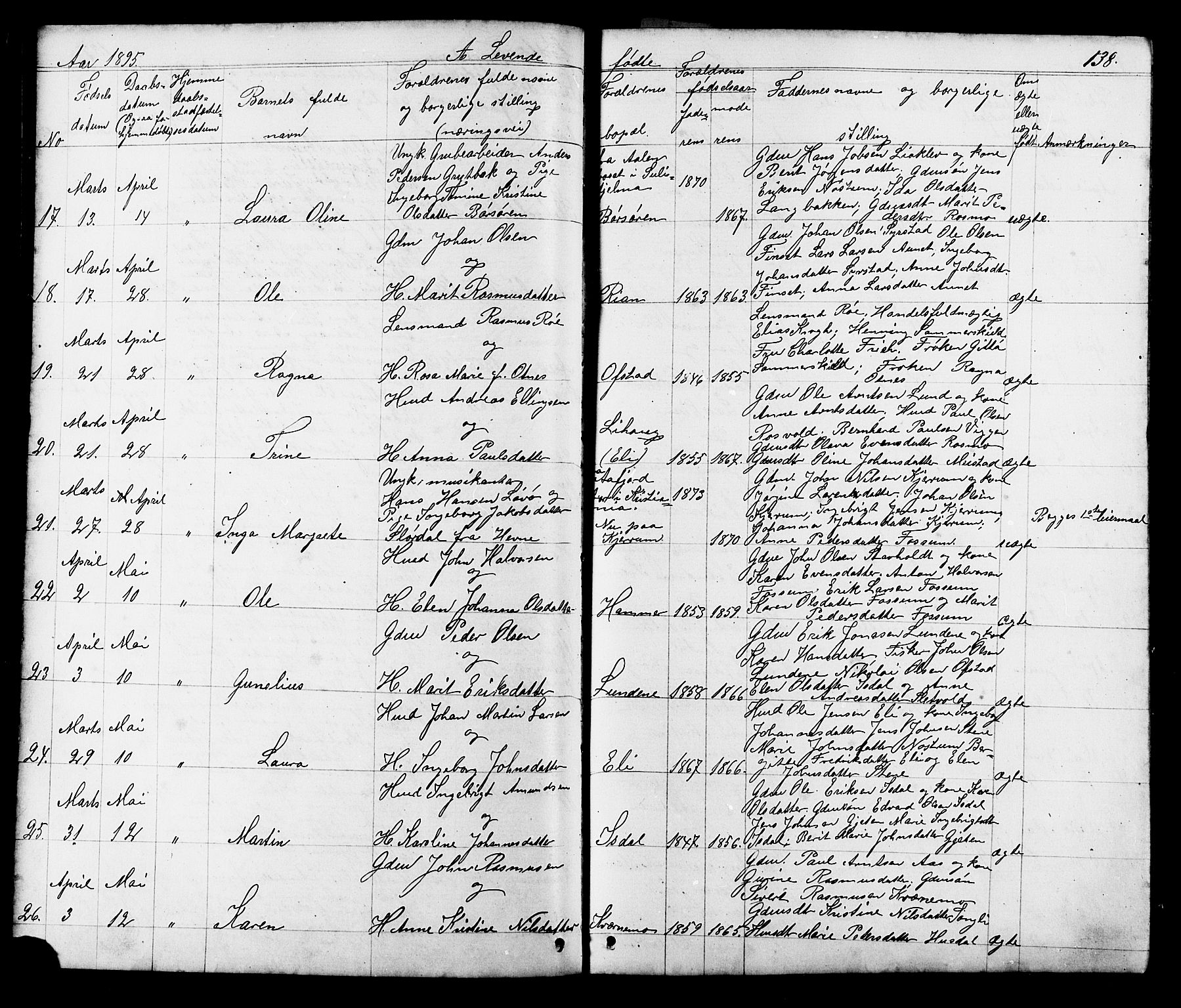 Ministerialprotokoller, klokkerbøker og fødselsregistre - Sør-Trøndelag, SAT/A-1456/665/L0777: Parish register (copy) no. 665C02, 1867-1915, p. 138