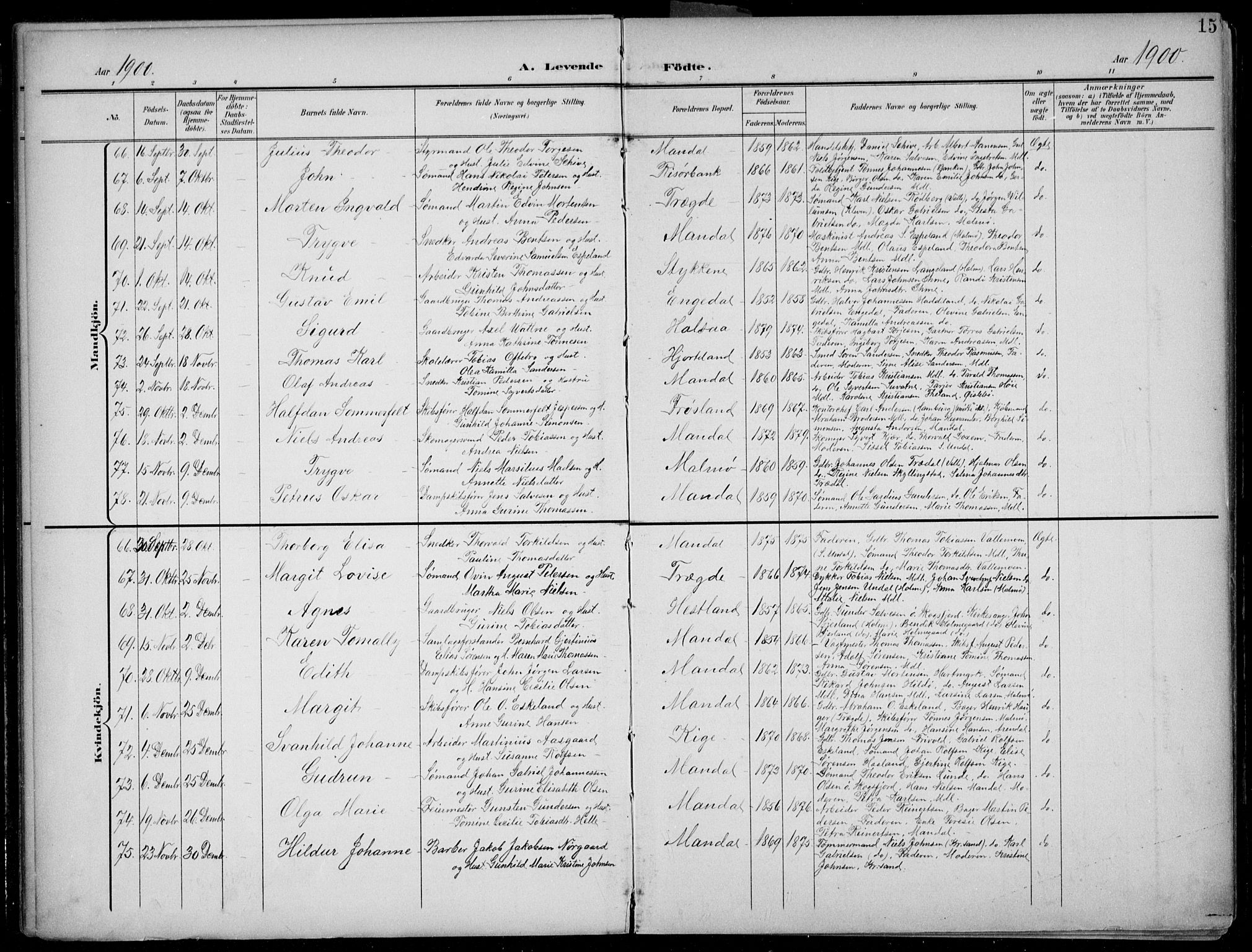 Mandal sokneprestkontor, AV/SAK-1111-0030/F/Fb/Fba/L0012: Parish register (copy) no. B 6, 1899-1918, p. 15