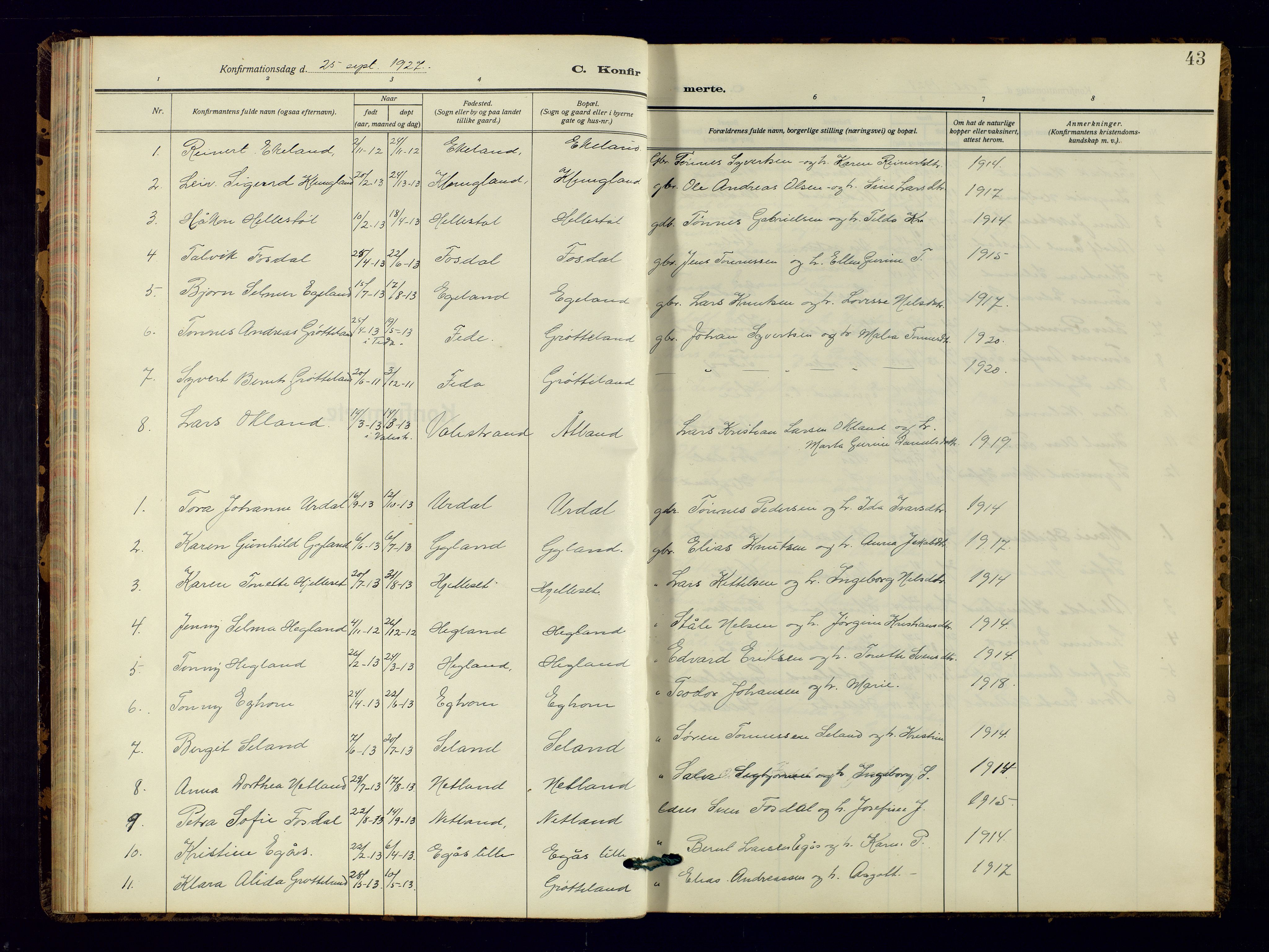 Bakke sokneprestkontor, SAK/1111-0002/F/Fb/Fbb/L0005: Parish register (copy) no. B 5, 1927-1947, p. 43