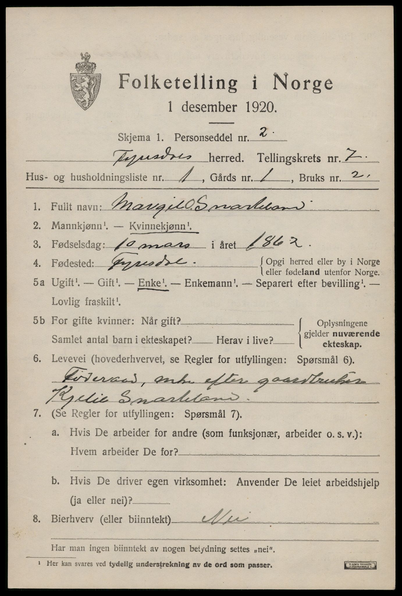 SAKO, 1920 census for Fyresdal, 1920, p. 2673