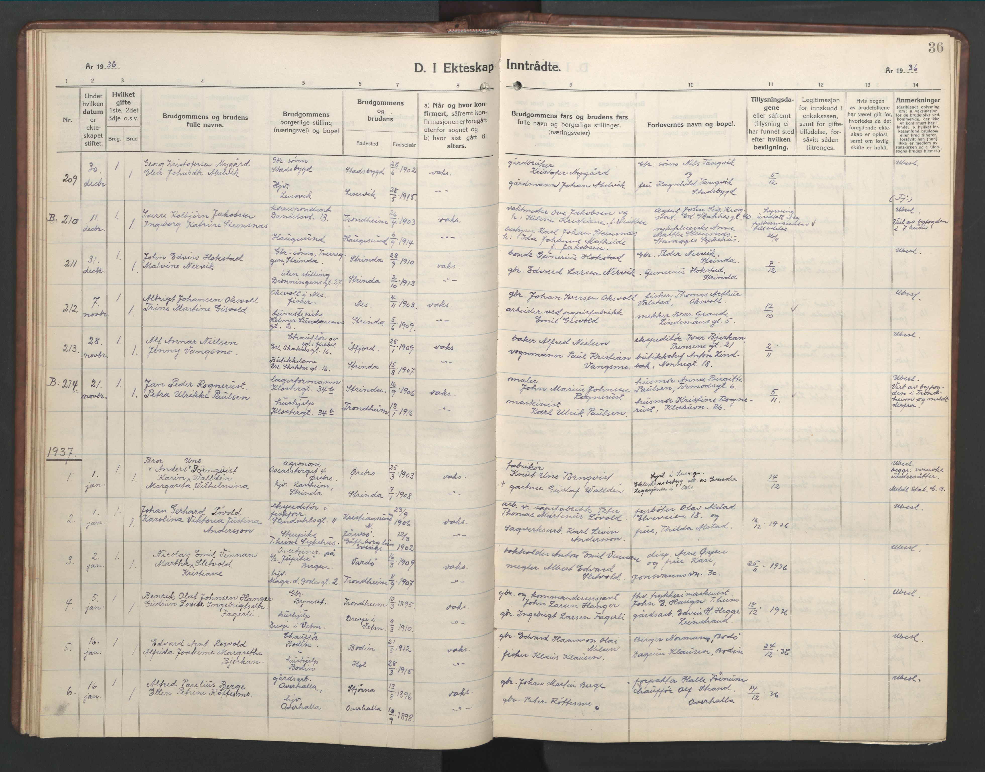 Ministerialprotokoller, klokkerbøker og fødselsregistre - Sør-Trøndelag, SAT/A-1456/601/L0101: Parish register (copy) no. 601C19, 1935-1946, p. 36