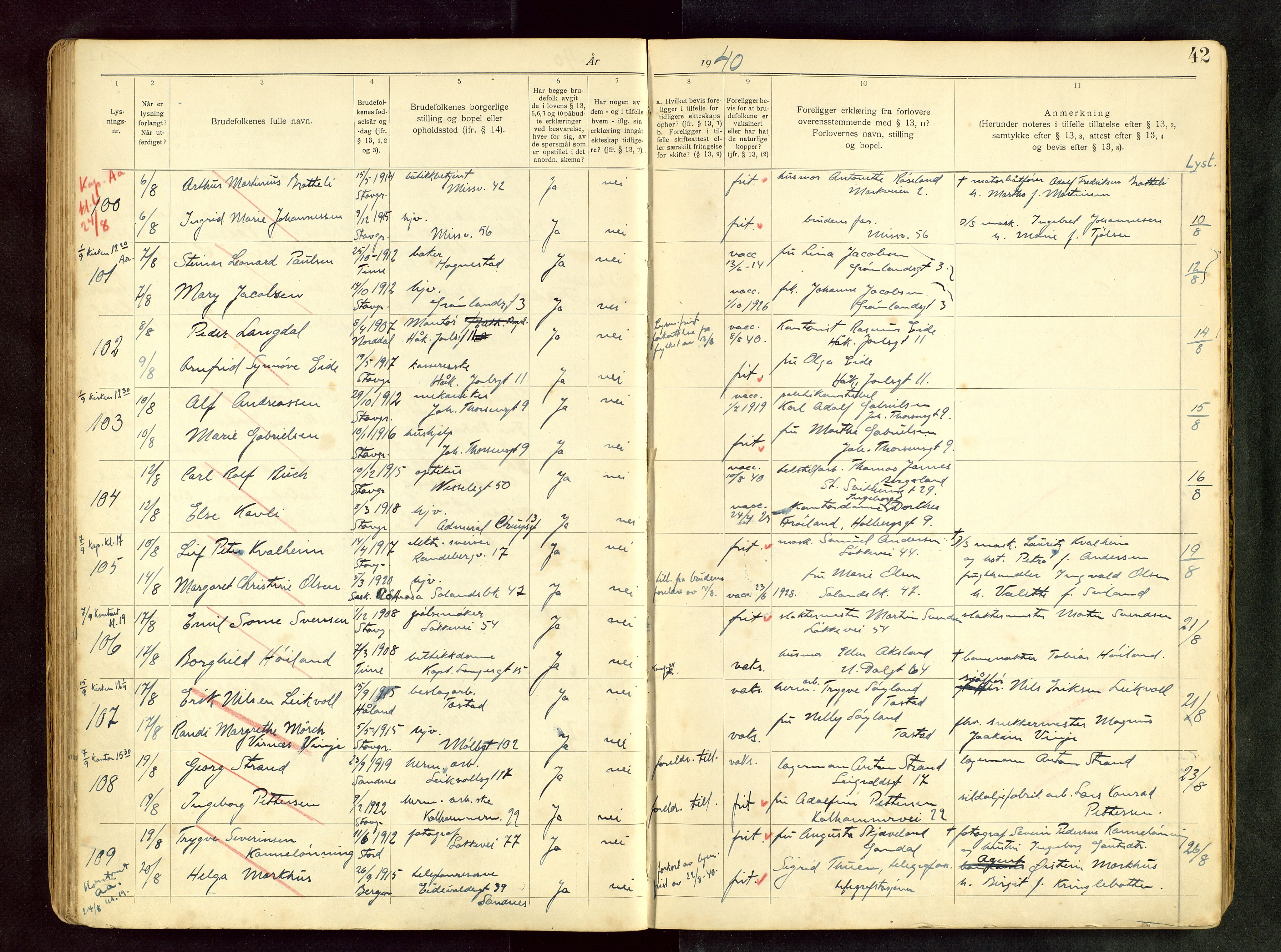 Domkirken sokneprestkontor, AV/SAST-A-101812/001/70/705BB/L0003: Banns register no. 3, 1938-1946, p. 42